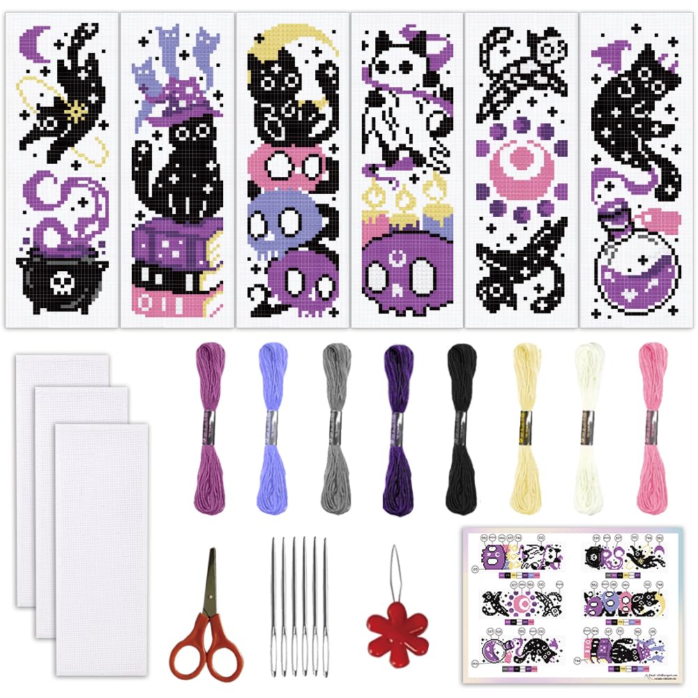ORIGACH 6 Pcs Skull Cat Cross Stitch Bookmark Kit for Beginner Adults Gothic Ghost Stamped Embroidery Bookmarks Kit with English Instruction for Book Lovers Gift, 21.7 x 7.6 cm