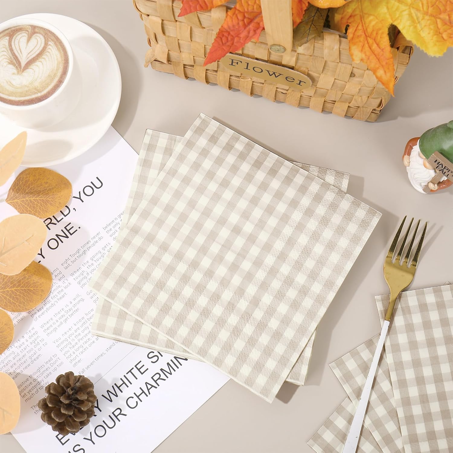 Whaline 50 Pcs Beige Gingham Luncheon Napkins Fall Plaid Disposable Paper Napkin Decorative Light Brown Checkered Dessert Dinner Hand Napkin for Autumn Baby Shower Home Party Table Supplies Decor image 4