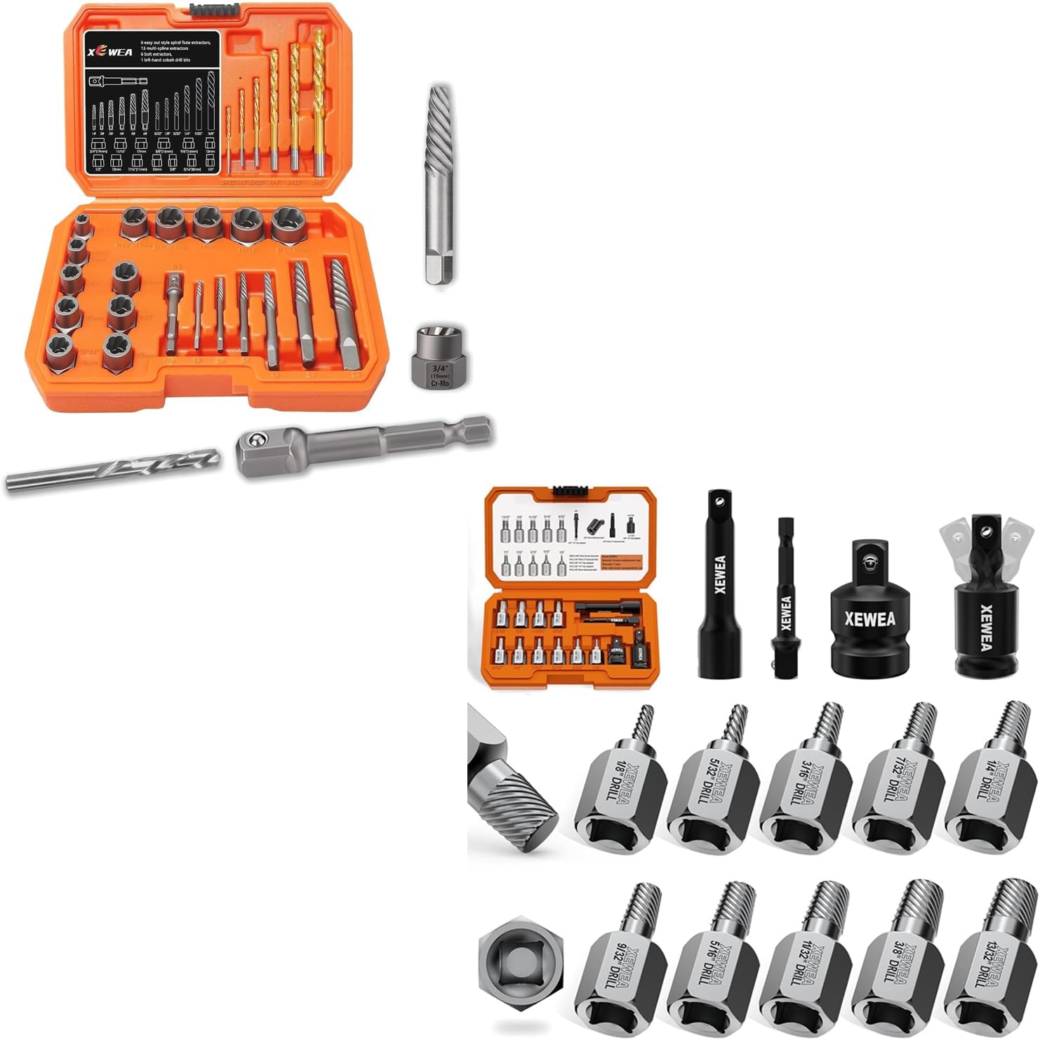 XEWEA 40PCS Screw & Bolt Extractor with Left Drill Bit Set【with Hex Adapter】, Multi-Spline Easy Out Tools Stripped Screw Remover EZ Out Socket Set for Damaged,Frozen,Rusted, Bolts, Nuts,Screws Studs