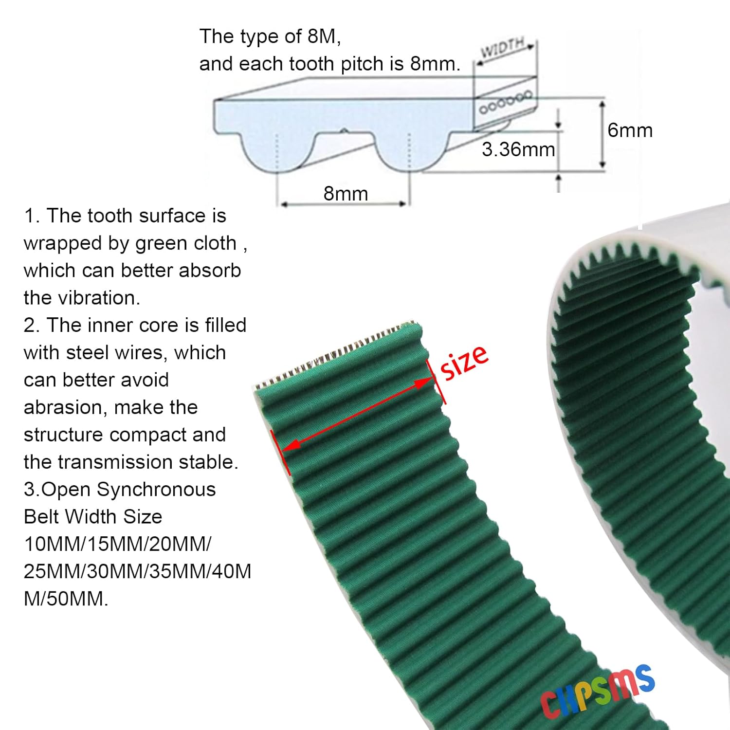 CKPSMS Brand -PU White HTD8M Open Timing Belt with Steel Wires #HTD8M for Industrial Machines (Length:20Meters, Width:25MM)