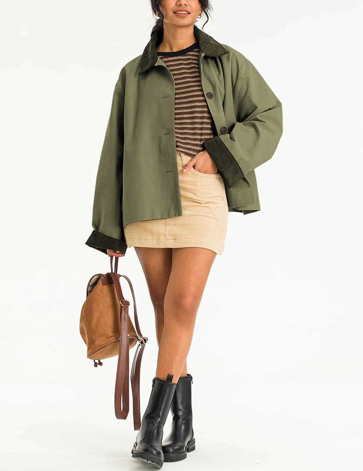 Lviefent Womens Contrast Collar Jacket Casual Button Down Long Sleeves Crop Trench Coat Outerwear with Pockets - Image 6