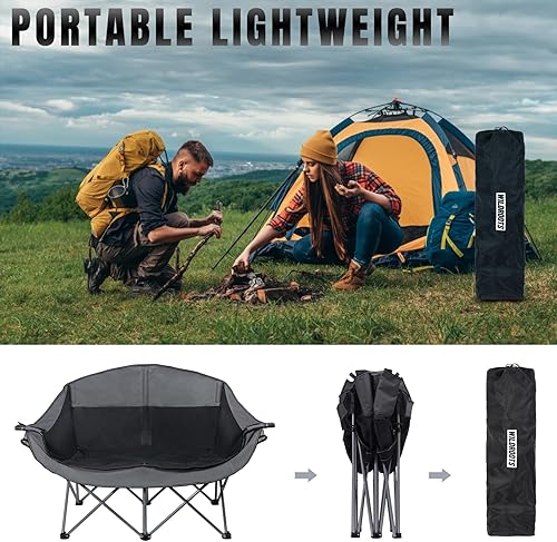 Miniatura 6 de WILDROOTS Silla doble plegable para acampar al aire libre para adultos 2 personas, sofá biplaza resistente de 600 libras con 2 portavasos, bolsa de