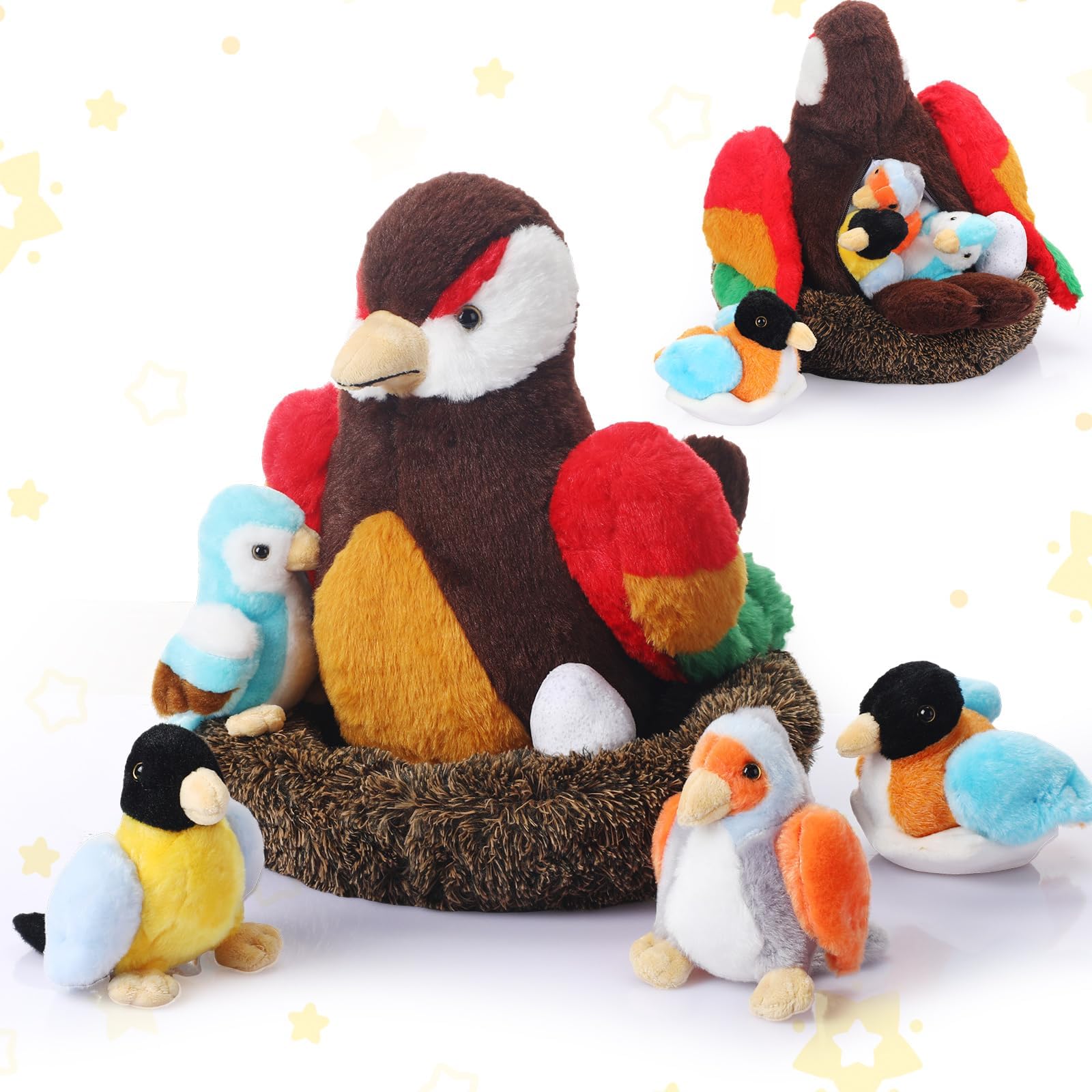 RoundFunny 7 Pcs Birds Stuffed Animals with Babies Egg and Nest 9.8 Inch Mommy Bird Forest Plush Toys Set Gifts for Kids Girls Boys Woodland Baby Shower Party Favors Birthday Classroom Prizes