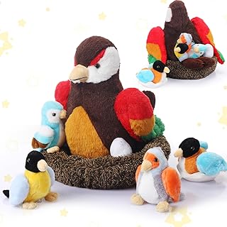 7 Pcs Birds Stuffed Animals with Babies Egg and Nest 9.8 Inch Mommy Bird