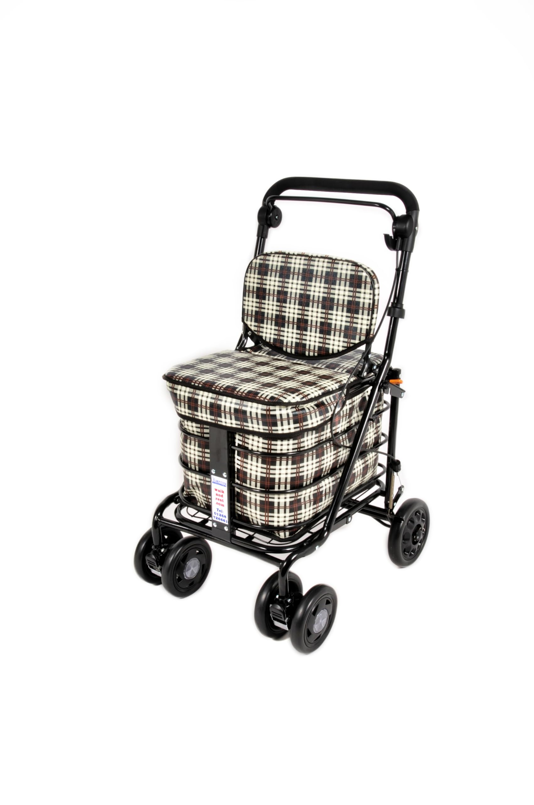 Prestige Shopping Trolley with Seat & Backrest/Walking frame/Seated Mobility Trolley/Stroller 6 wheel (FULLY ASSEMBLED in UK READY TO USE!) (Brown Tartan)