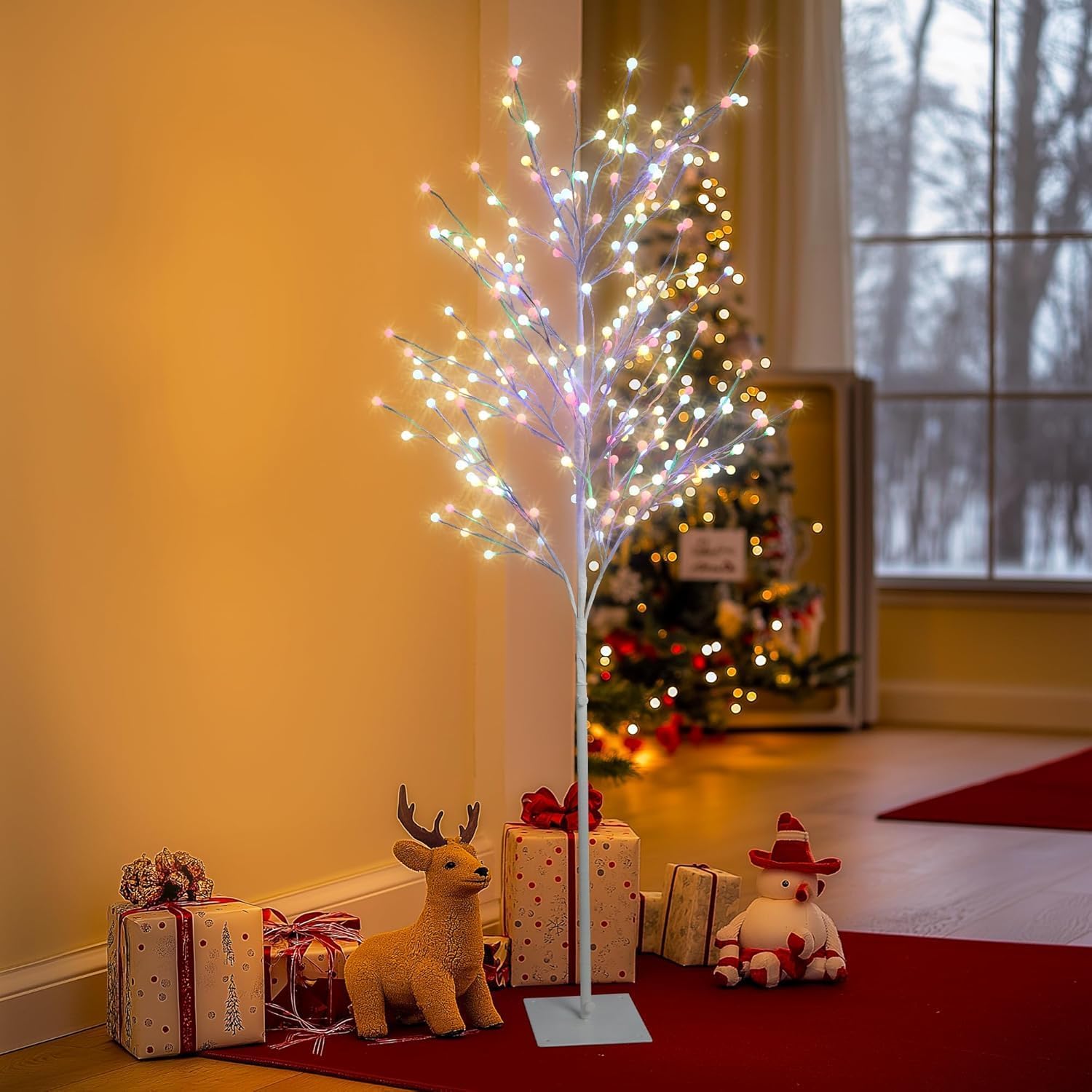 Lighted Tree Christmas Decorations Outside, 67in 4 Color Artificial Tree Holiday Decor with 200 LED Lights for Indoor Outdoor Yard Party Garden