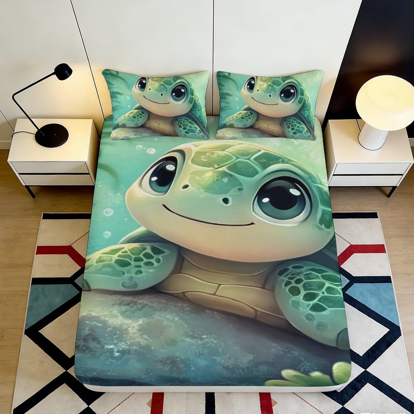 3D Printed Cute Turtle Fitted Sheet Microfiber Soft Cartoon Sea Tortoise Mattress Cover for Bedroom Dorm Decor 90x200x25cm