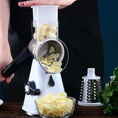 Miniatura 3 de Camidy Rallador de queso giratorio de mano - 3 cuchillas de tambor intercambiables de acero inoxidable manual redondo cortador de verduras molinillo