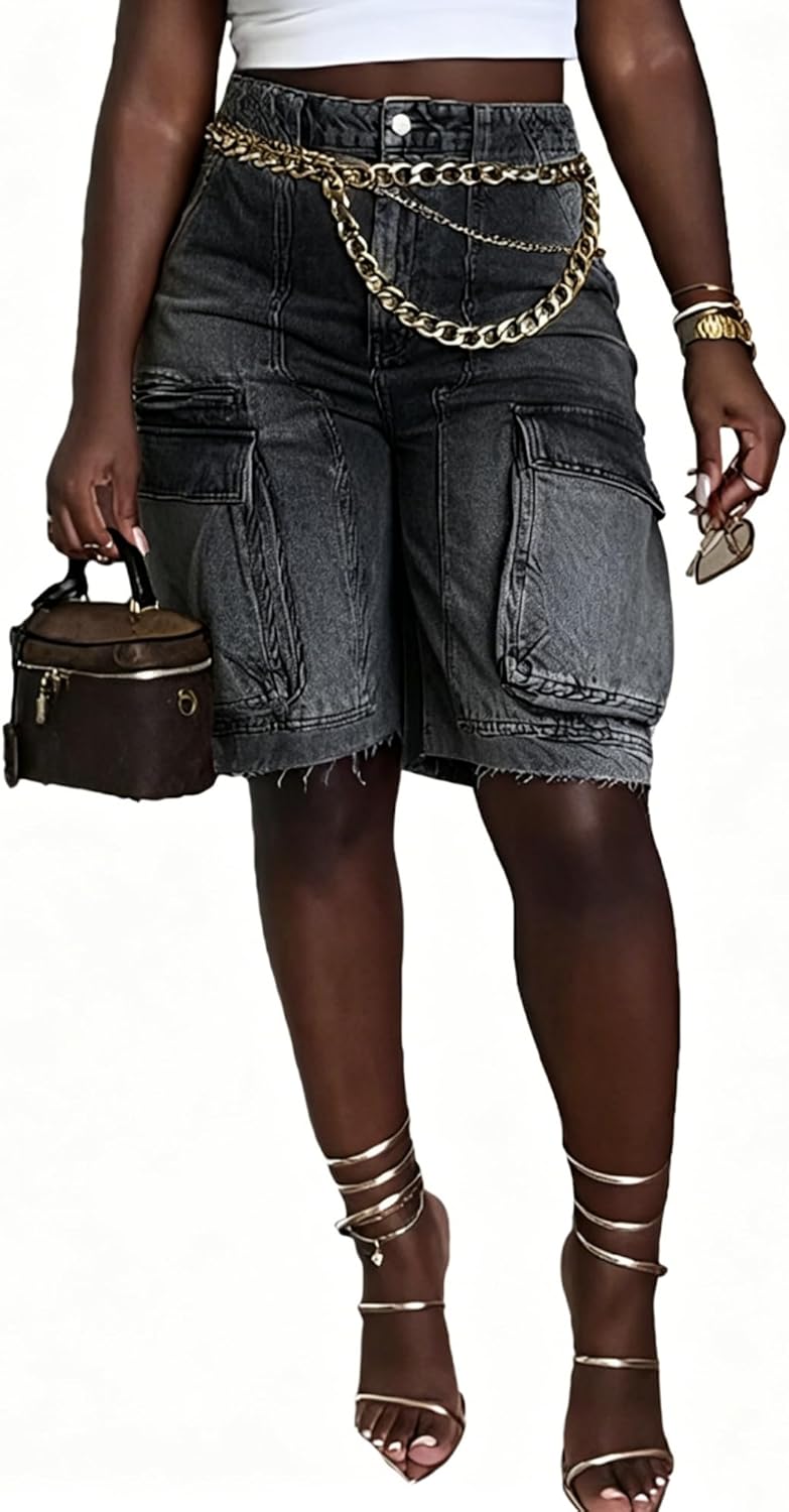 Vaceky High Waist Denim Shorts Women Y2K Stretch Straight Leg Cargo Bermuda
