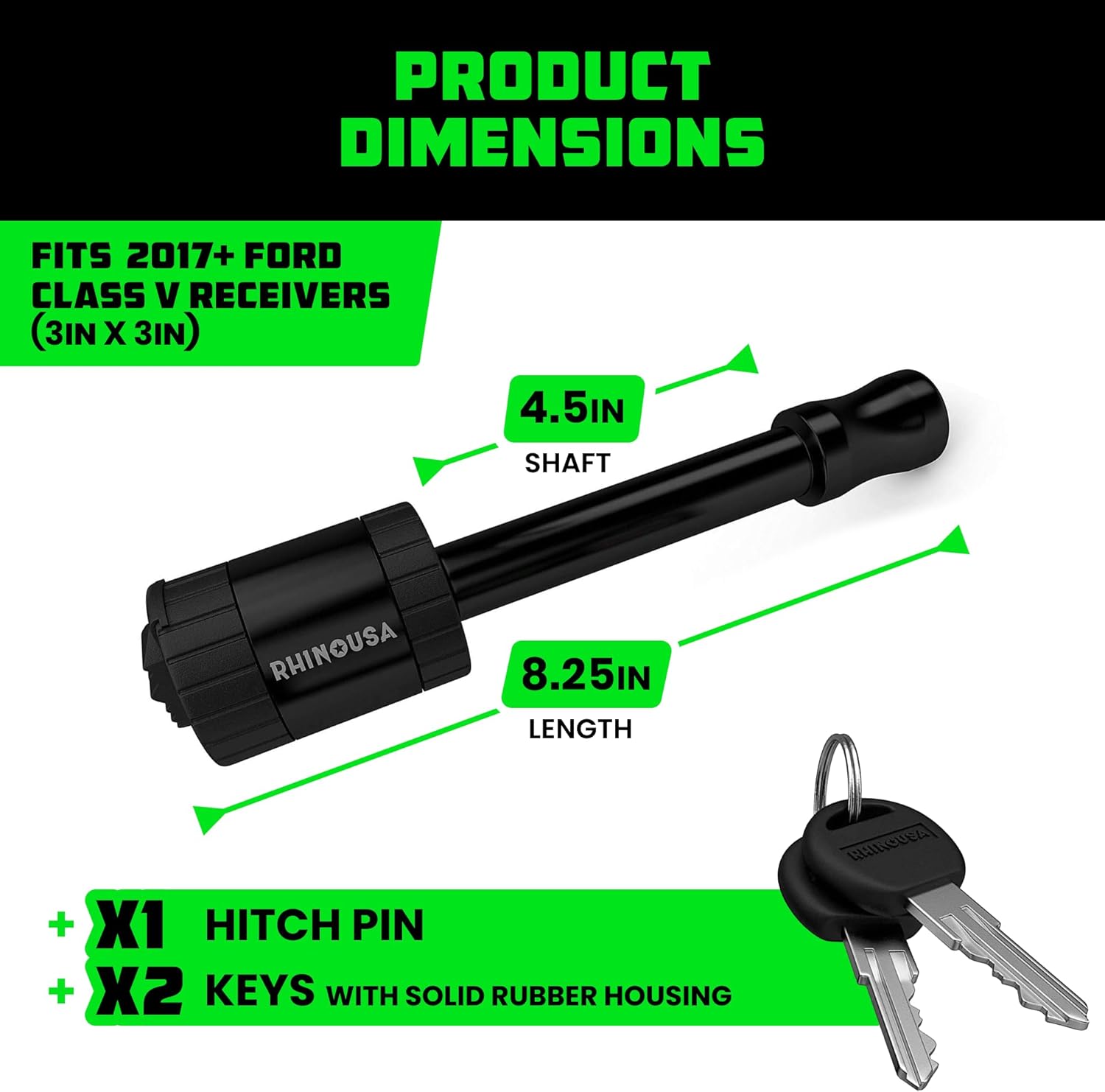 Rhino USA 3” Trailer Hitch Pin – Patented Locking Receiver Pin for Class V Hitches – Weatherproof, Anti-Theft, Debris-Protected – Tow Truck Ready – Black 1PK