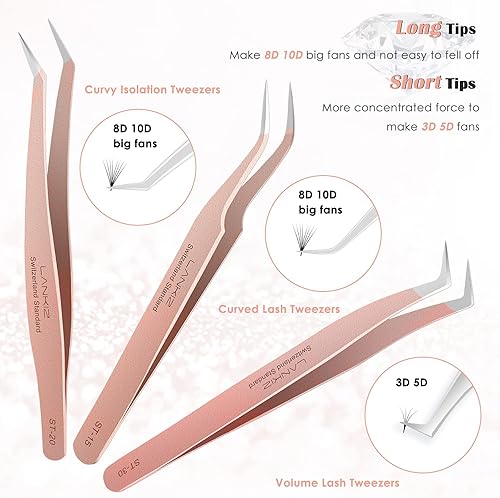 Miniatura 3 de LANKIZ Juego de 5 pinzas para extensiones de pestañas, de acero inoxidable, pinzas para extensiones de pestañas con volumen, pinzas de oro rosa para