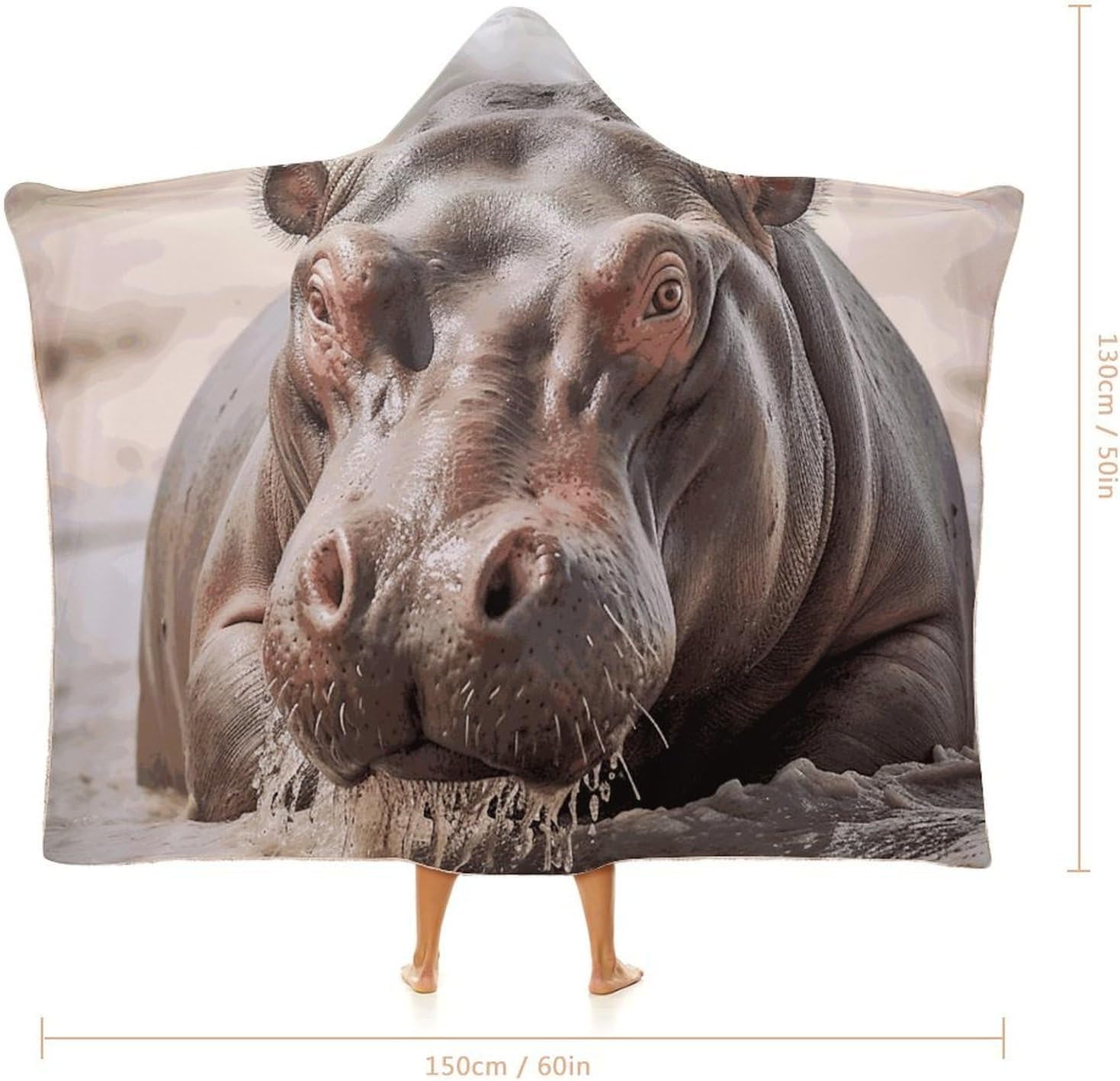 Hippopotamus in Water Wearable Hooded Blanket, Ultra Soft Arctic Velvet Cape Cloak Unisex - Cozy Wearable Blanket