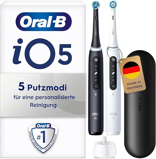 Oral-B iO Series 5 Elektrische Zahnbürste Doppelpack — Electric Toothbrush, Inkl. 2 Aufsteckbürsten und Reise-Etui — 5 Putzmodi für Zahnpflege, Zahnbürste Elektrisch, Designed by Braun, Schwarz/Weiß