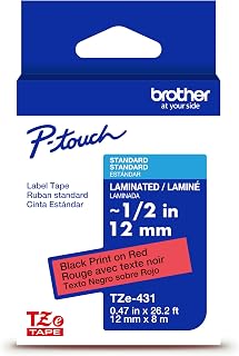 Brother Genuine P-Touch TZe Black Print on Red Label Tape (TZe431), Laminated,1/2in x 26.2ft (12mm x 8m), for Select P-Touch Label Makers, Durable, Water-Resistant, Indoor/Outdoor Use