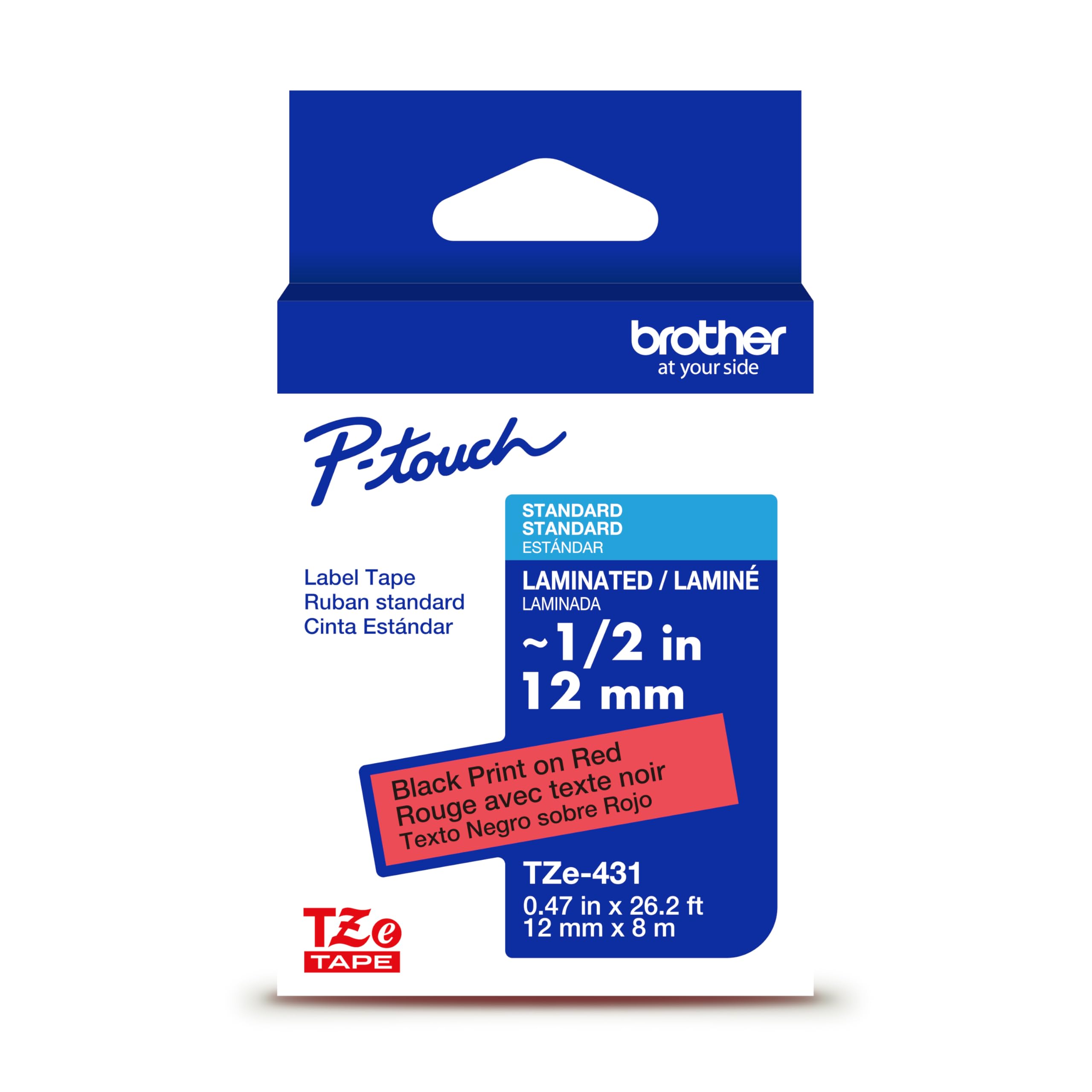Brother Genuine P-Touch TZe Black Print on Red Label Tape (TZe431), Laminated,1/2in x 26.2ft (12mm x 8m), for Select P-Touch Label Makers, Durable,