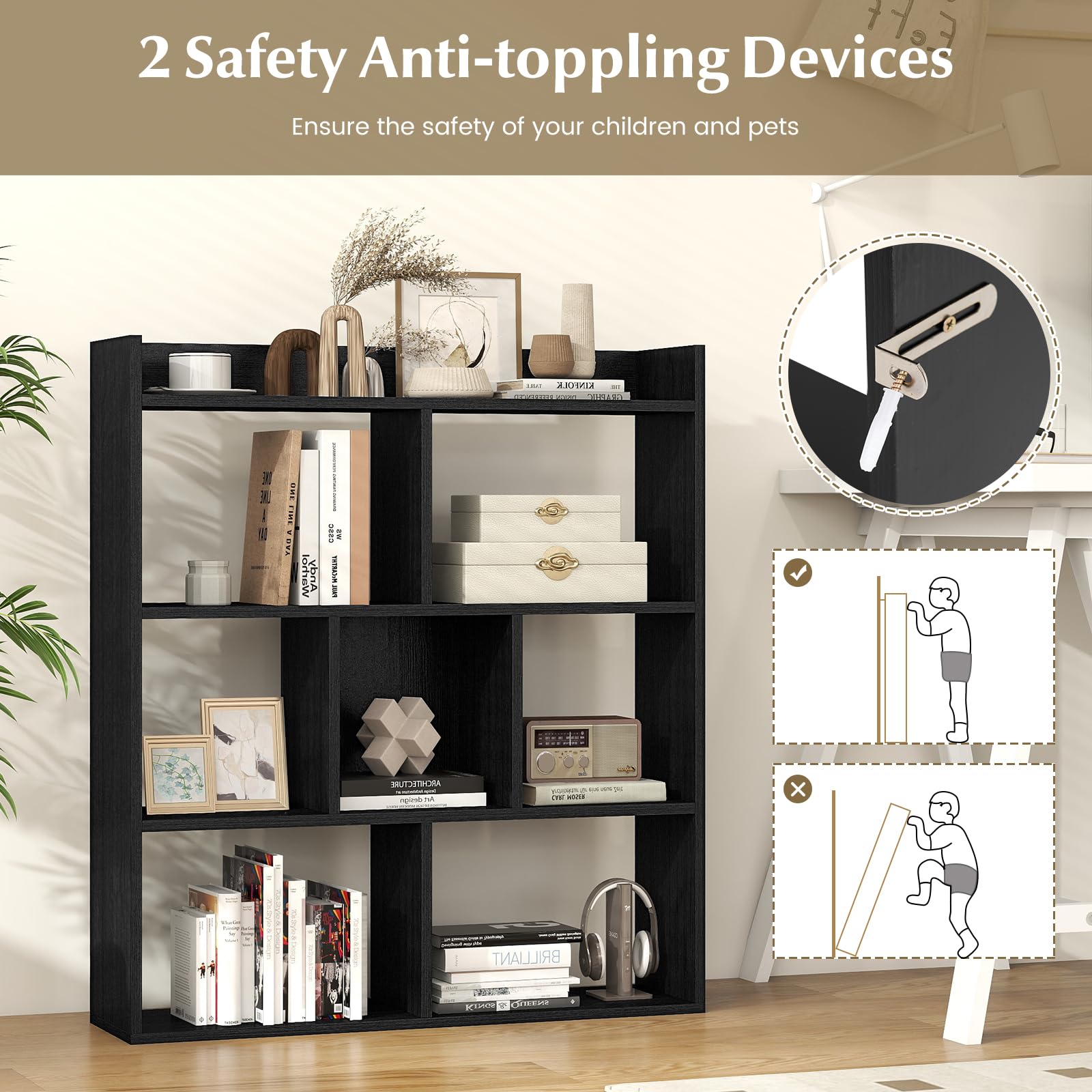 GIANTEX Libreria a libro aperta a 7 cubi, libreria con dispositivi antiribaltamento, mobile cubo per camera da letto, ufficio, soggiorno, 80 x 20 x 90 cm, colore: nero