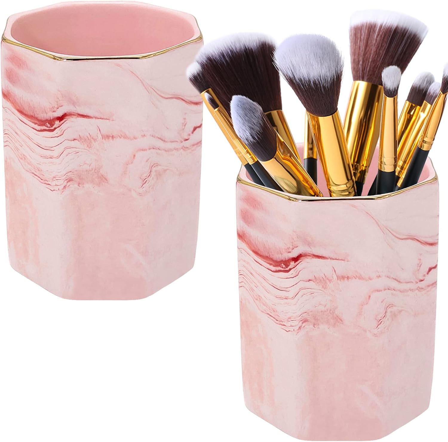2 Pack Ceramic Pen Holder Stand,Cup for Desk Marble Pattern Makeup Brush Holder for Girls Women,Desk Accessories Holder,Durable Desktop Organizer Pencil Holder Pot Ideal Gift for Office Home (Pink)