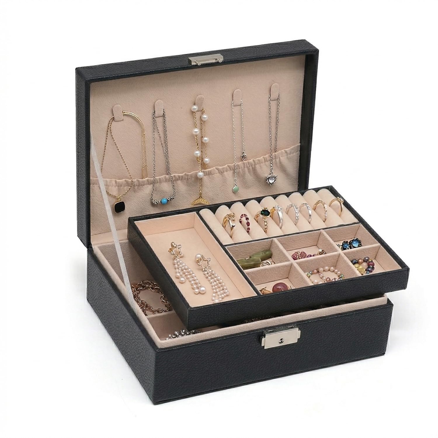 Pahajim Jewellery Box Organiser for Women, 2-Layer Large Jewelry Storage Case with Lock, Waterproof PU Leather Jewelry Case for Earrings Necklaces Rings Bracelets, Elegant Gift Idea (Black)