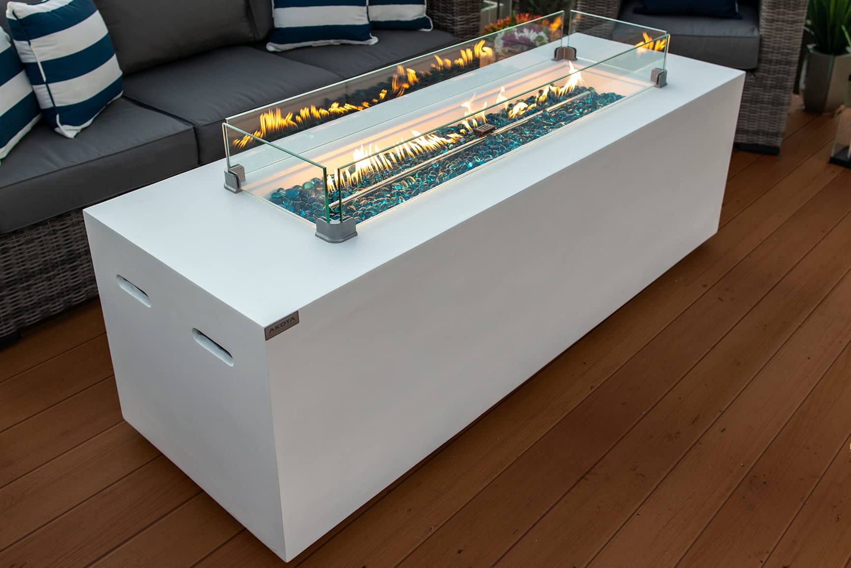 AKOYA Outdoor Essentials 70" Linear Outdoor Propane Gas Fire Pit Table in White (Cobalt Blue)