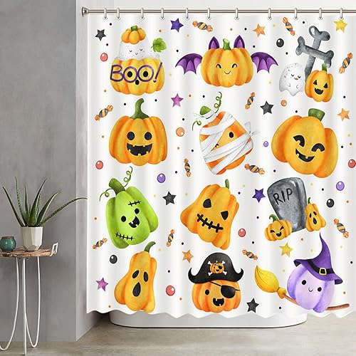 Miniatura 2 de AIBIIN Cortina de ducha de calabaza de Halloween de 72 x 72 pulgadas para baño, naranja, morado, verde, calabaza, sombrero mágico, caramelos,