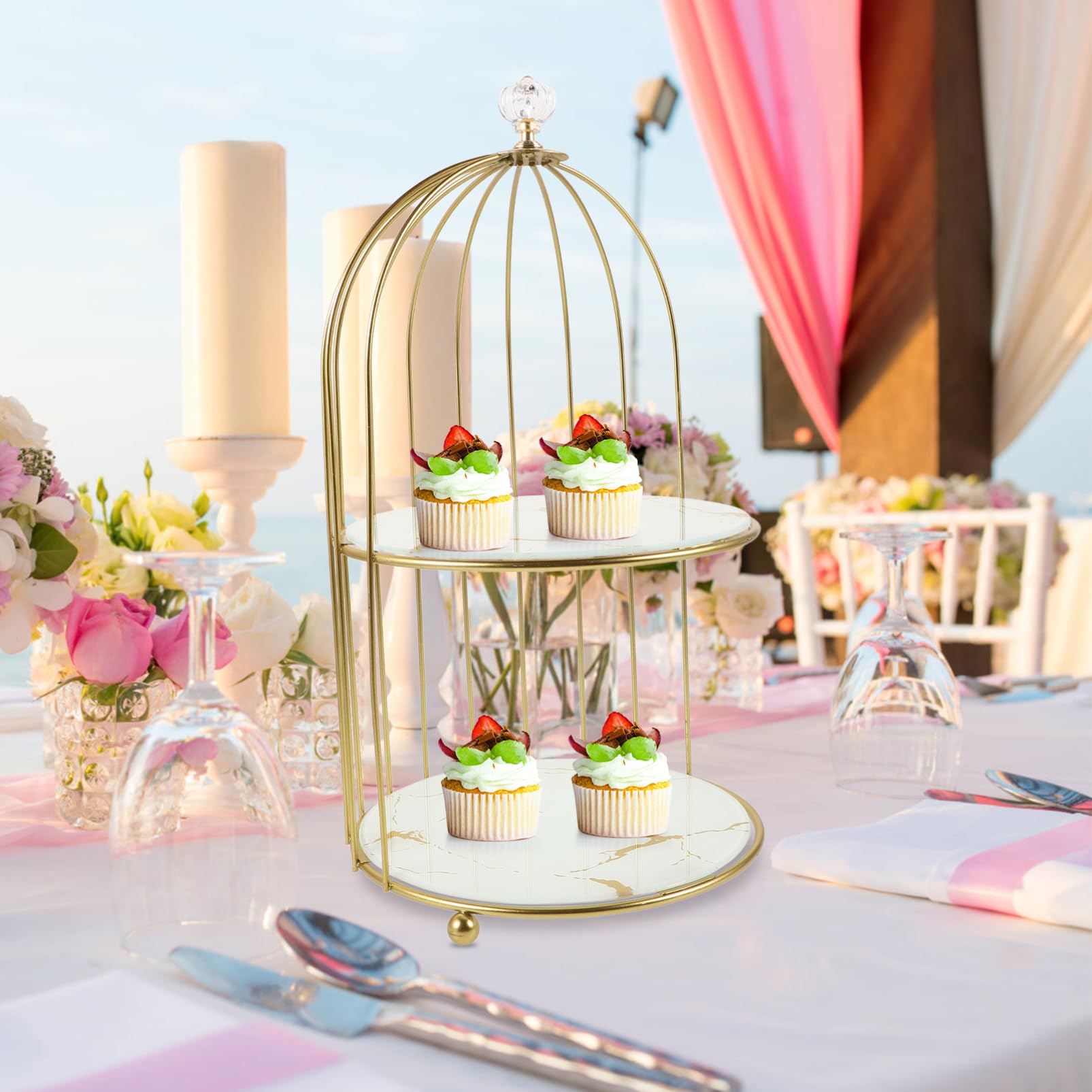 PréSentoir À GâTeaux Doré En MéTal 2 Niveaux Cage À Oiseaux Support GâTeau Pour FêTe Mariage Anniversaire Et Thé De L'AprèS-Midi