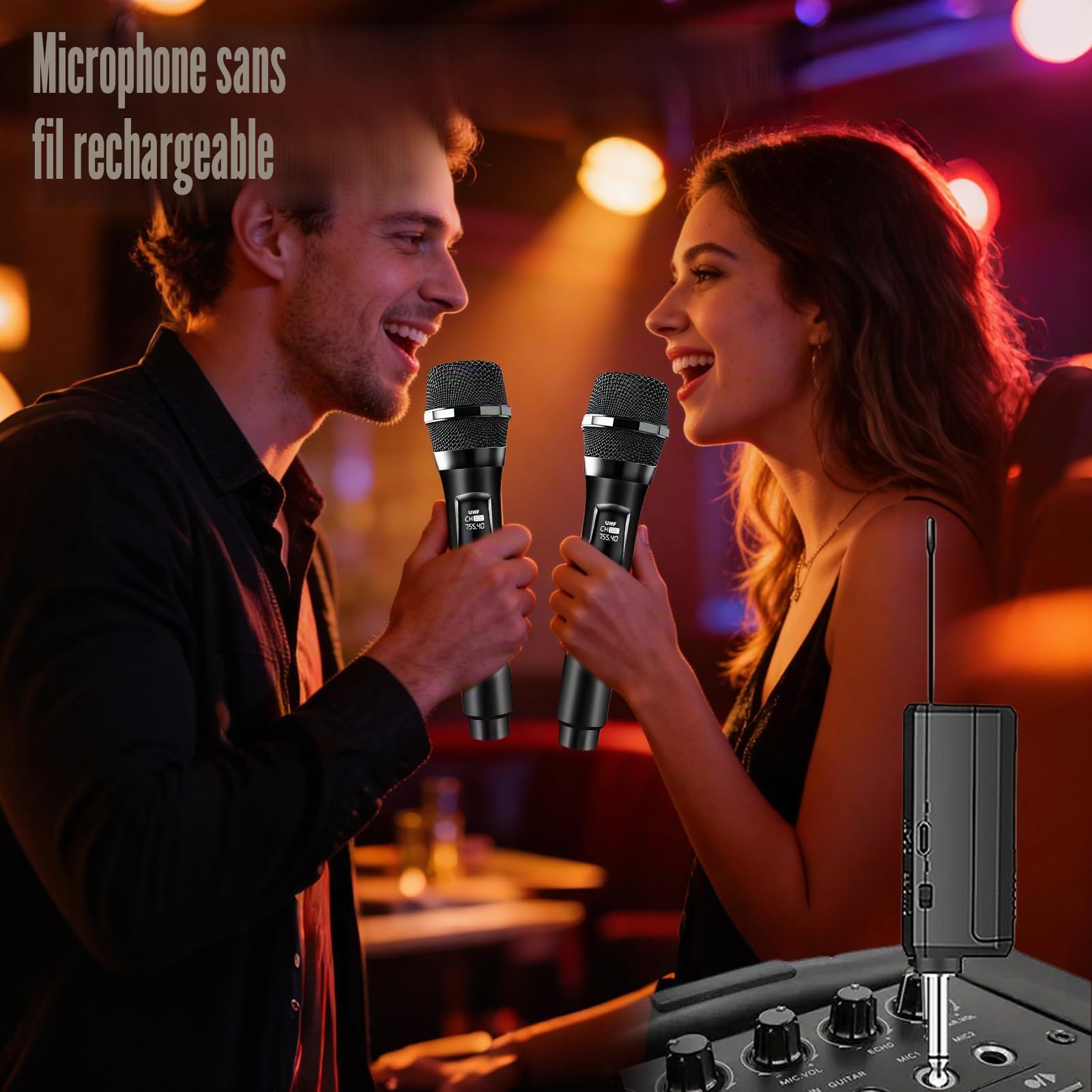 Microphone Sans Fil, Double Microphone Karaoké, Double Portable Micros Dynamiques Avec Récepteur, Microphones A Main Sans Fil Rechargeable Pour Églises, Mariages, Karaoké, Chants, Fêtes, Soirées, Dj