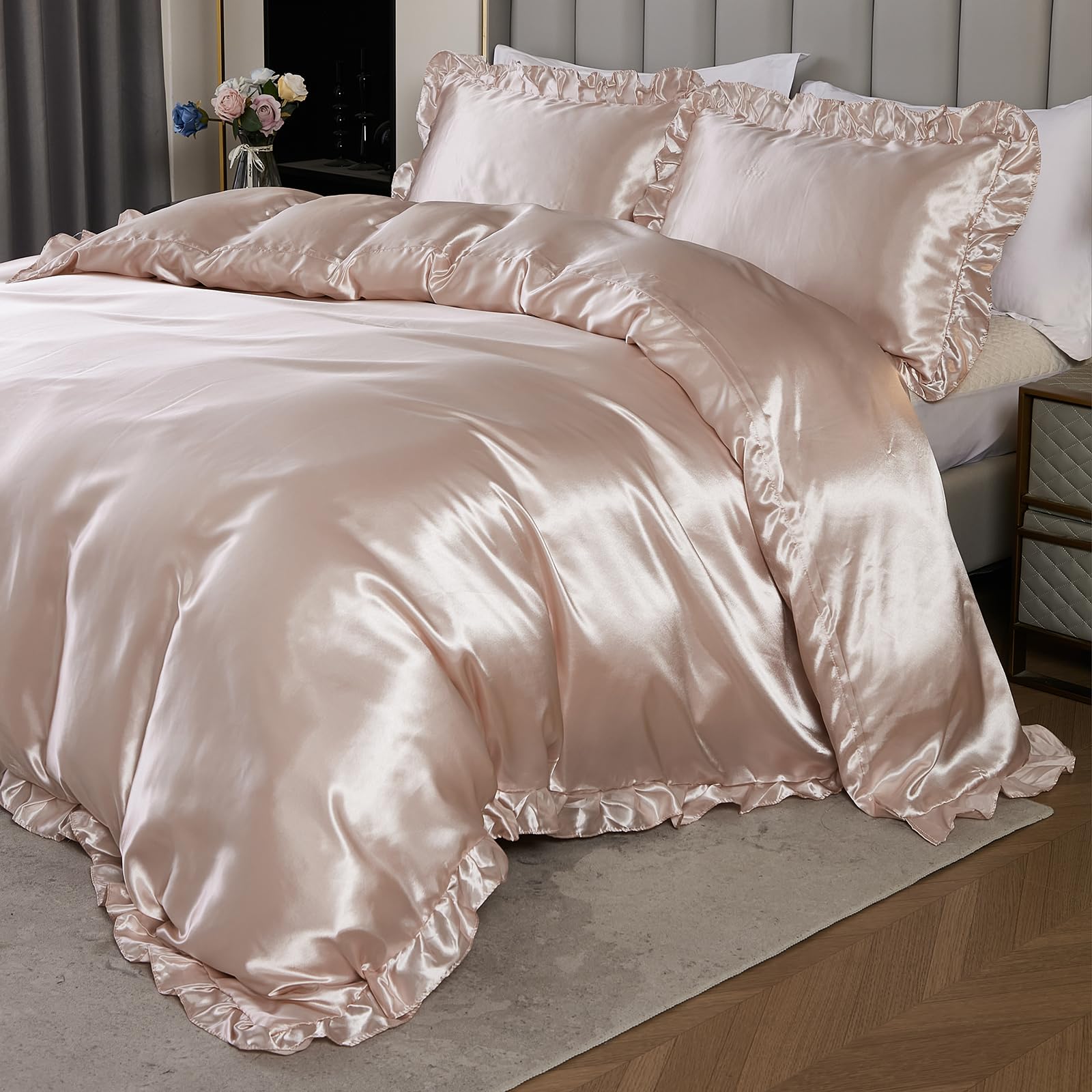 Herside Satin Duvet Cover Set King Champagne Pink Ruffle Bedding Silk like Satin Ruffled Fringe Silky Boho Bedding Sets 1 Duvet Cover 2 Pillowcases (Champagne Pink - Image 3