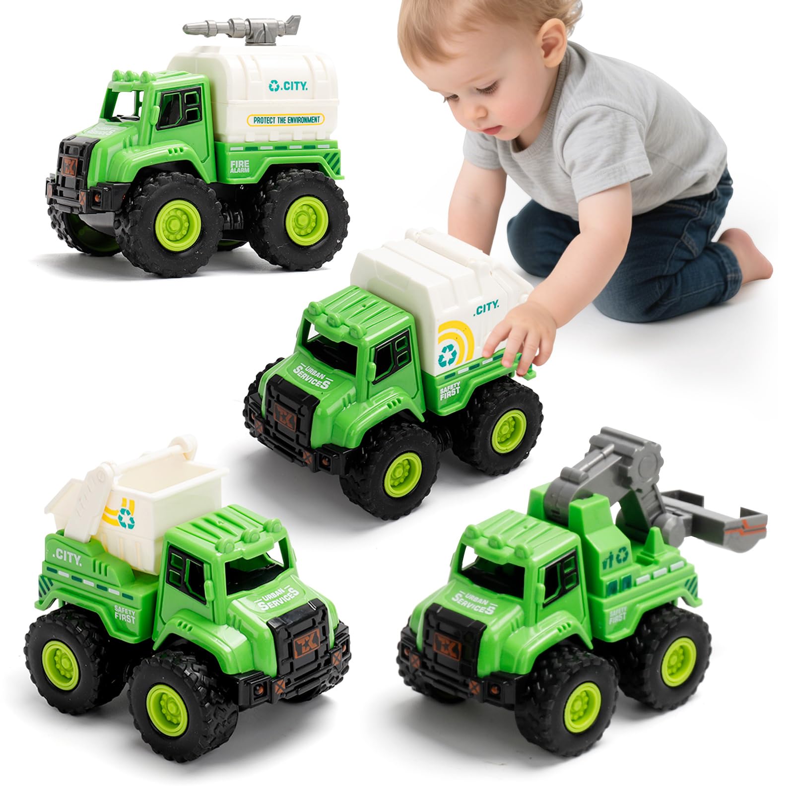 YGNNXRN 4-in-1 Push and Go Sanitation Truck Toy Set for Toddlers  Includes Garbage Truck, Street Cleaner, Water Sprayer & Grabber  Sanitation Vehicle Toys for Boys & Girls Age 2 3 4 5