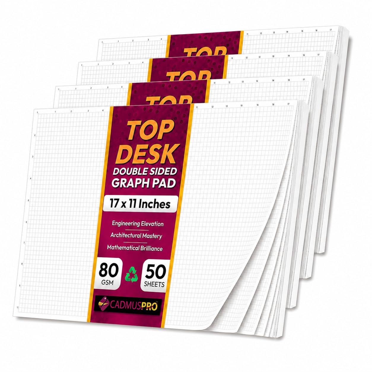 CADMUSPRO Ledger - Blocco di carta grafica, 43,2 x 28 cm, griglia quadrupla da 1/4", carta spessa 21 grammi, scala in pollici sulla parte superiore e sinistra, 50 fogli/blocco (200/confezione),