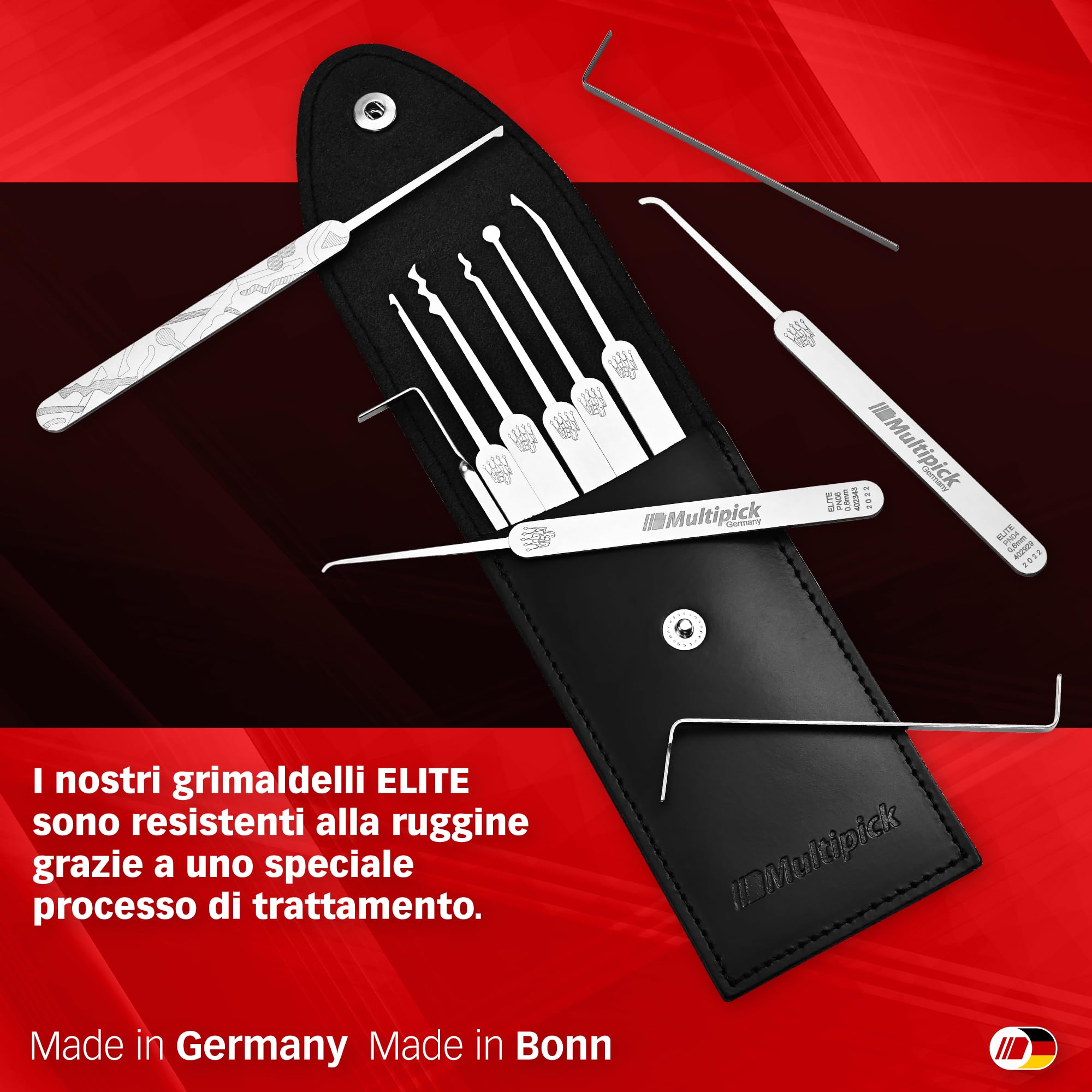 MULTIPICK ELITE 11 Lockpicking Set [11 parti | 0,6 mm] Grimaldelli per Serratura - Kit Grimaldelli - Apri lucchetto - Kit Scassinatore incl. tenditore - Grimaldello & Grimaldelli