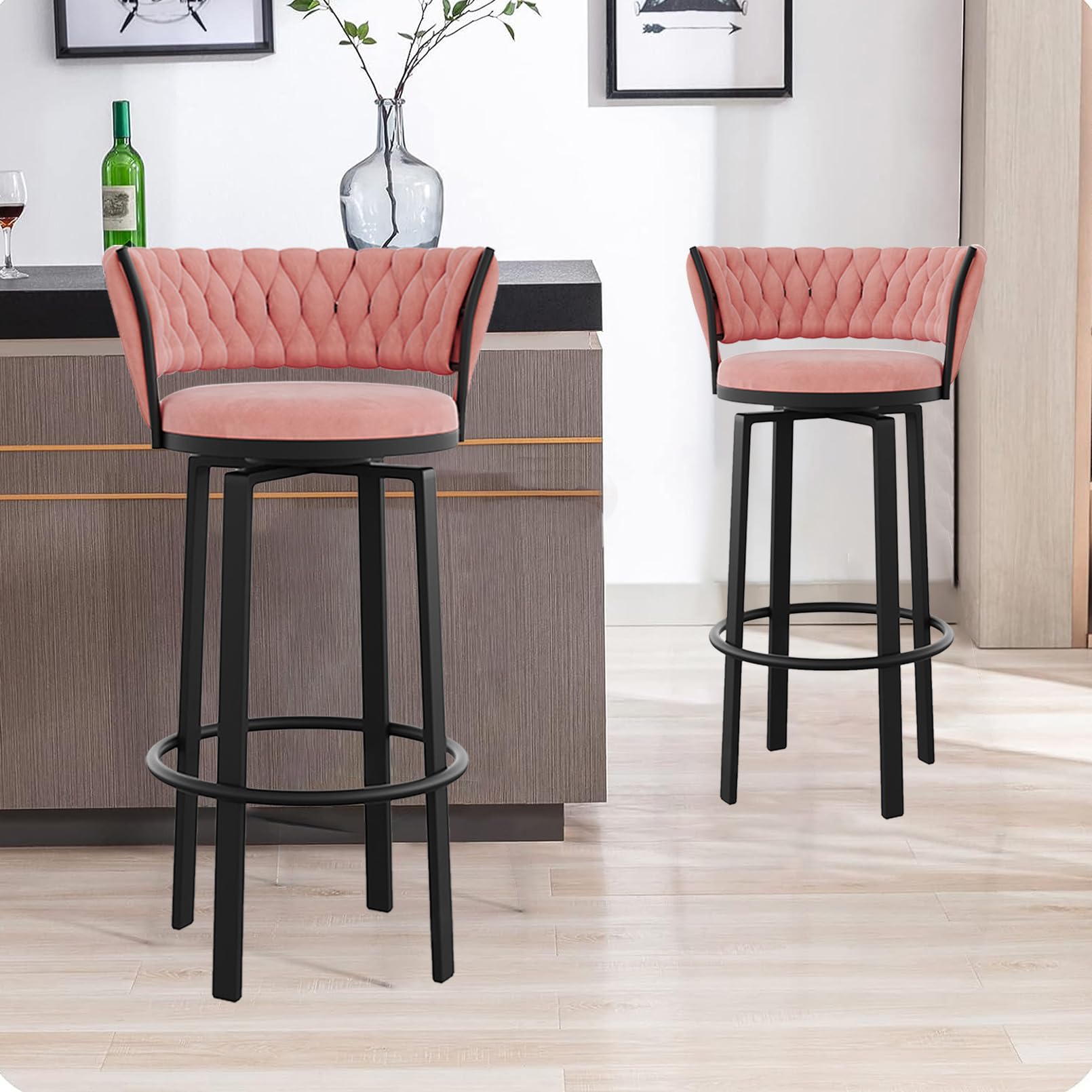 Sgabelli da Bar girevoli in Altezza con Contro, sedie da Bar in Velluto, Schienale Intrecciato, Sedile Confortevole, Ideale per Cucina, Sala da Pranzo e Decorazioni per la casa