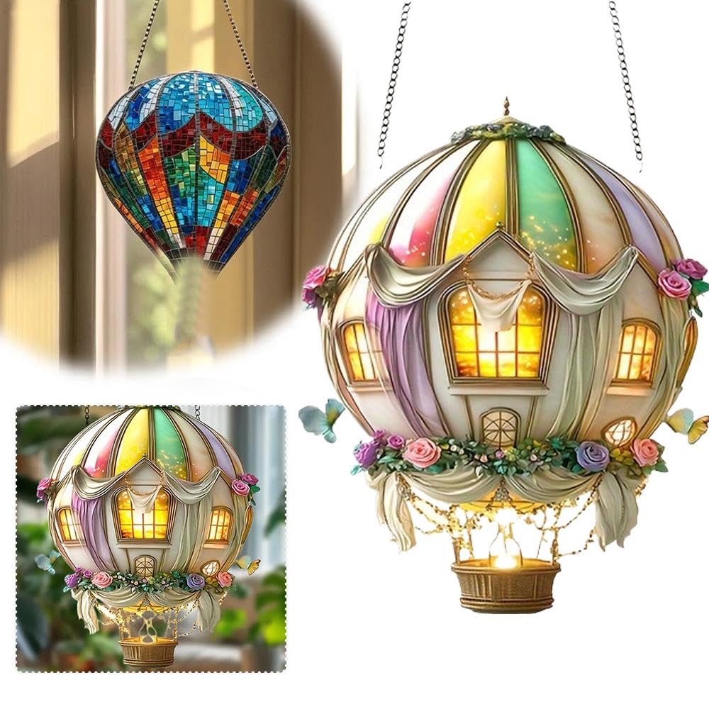 Hot Air Balloon Solar Lantern with Flickering Flame Light, 2D S-olar Hot Air Balloon Model, Glass Outdoor Solar Hanging Lights Waterproof, for Garden