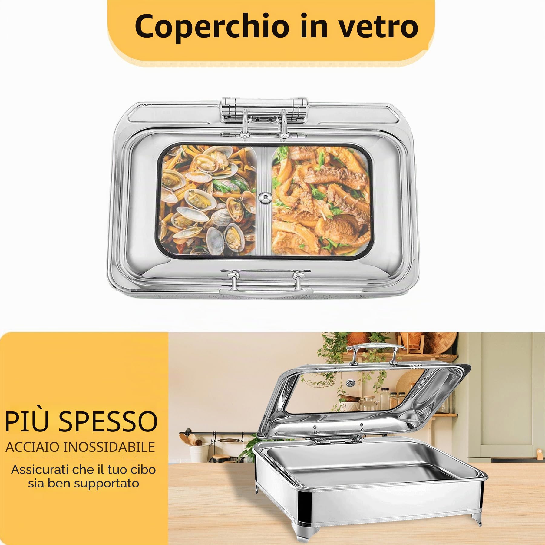 Chafing Dish Elettrico, 9L Scaldavivande Elettrico per Buffet(1/3) | Contenitore Scalda Cibo Professionale con Coperchio in Vetro per Feste e Banchetti, Temperatura Regolabile (0-85℃)