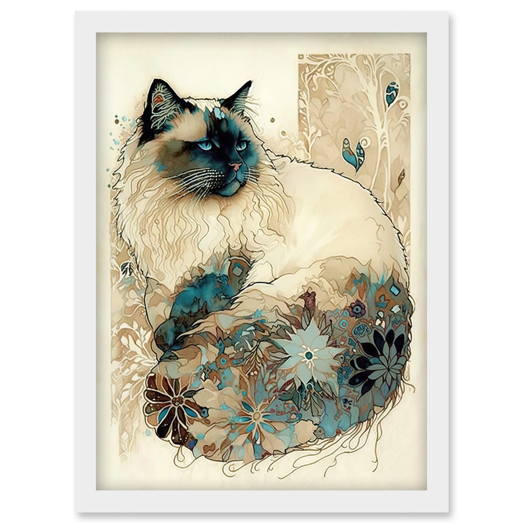 Ragdoll Cat Floral Pattern Tail Watercolour Framed Wall Art Picture Print A4