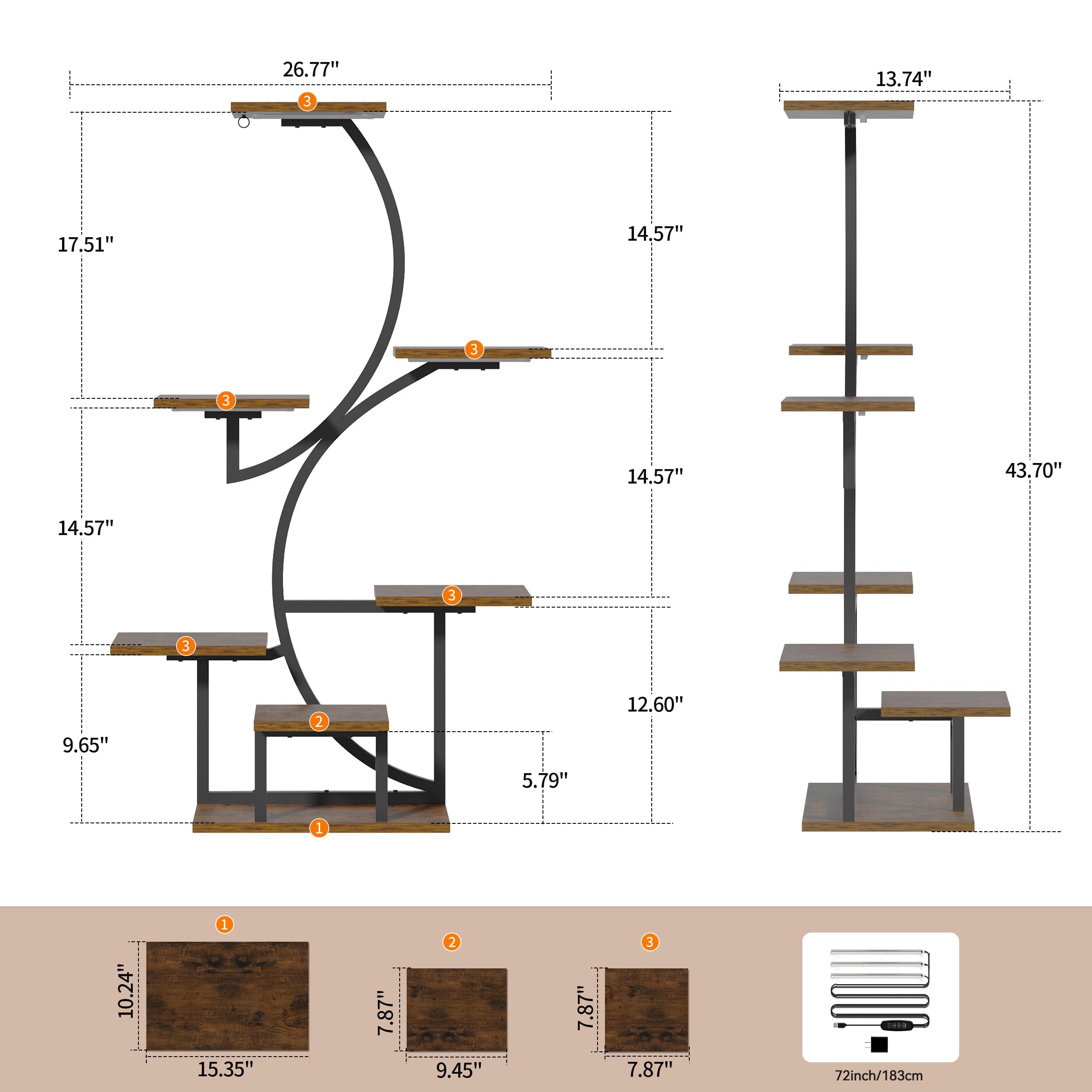 Soporte para plantas de interior con luces de crecimiento, estante para plantas de 7 niveles para interiores, soporte de esquina de 44 pulgadas para plantas de interior, estante alto de 6