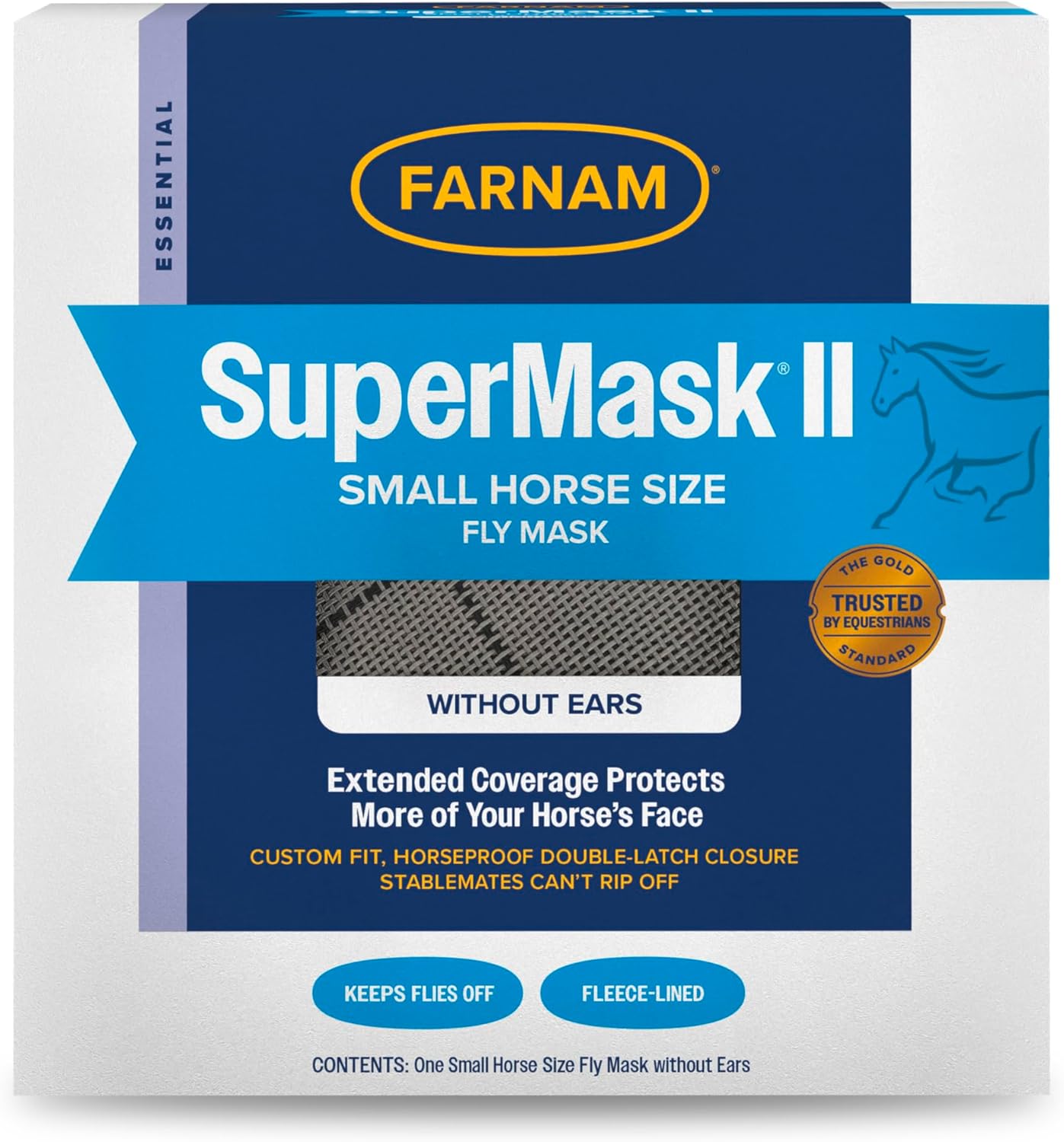 Farnam SuperMask II Horse Fly Mask Without Ears, Extended Coverage, Protects Eyes From Insects and Debris, Adjustable Throat Latch, Small Size