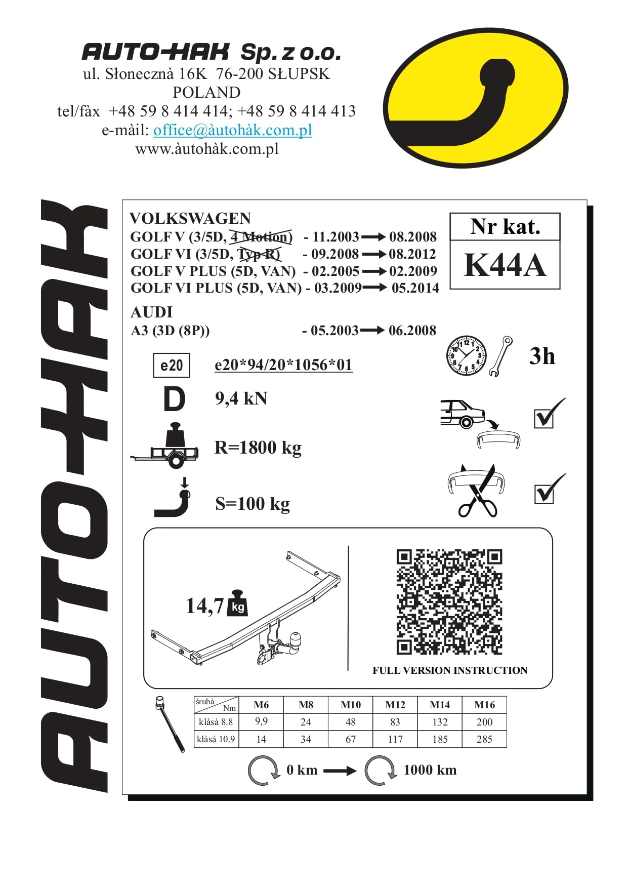 Enganche Remolque Desmontable para Audi A3 / 3 Puertas (8P) 05/2003-06/2008 | Kit Completo con Instalación Eléctrica de 13 Pines | Homologado E20 | Capacidad de Remolque 1800 kg | Ref. K44A