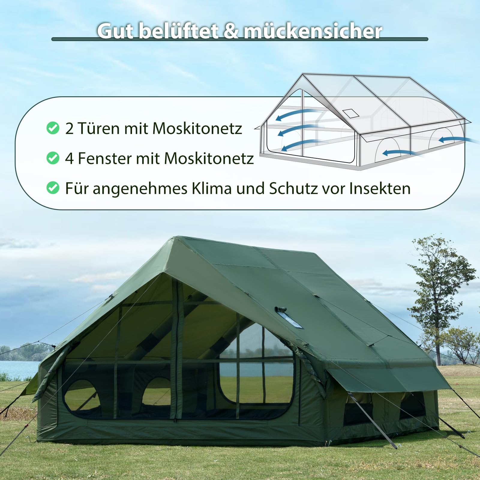 Aufblasbares Campingzelt mit Handpumpe Einfacher Aufbau Wasserdicht Winddichtes Outdoor Aufblasbares Zelt 2-10 Personen Oxford Glamping Luftzelt Hüttenhaus