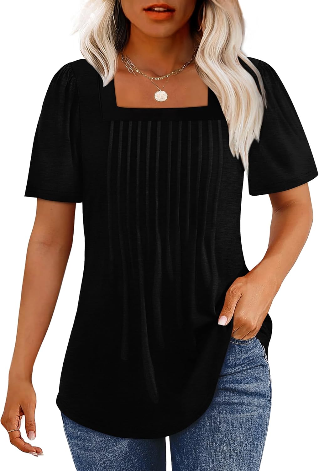 OFEEFAN T Shirts for Women Pleated Square Neck Dressy Casual Blouses Puff Short Sleeve Summer Tops Loose Fit
