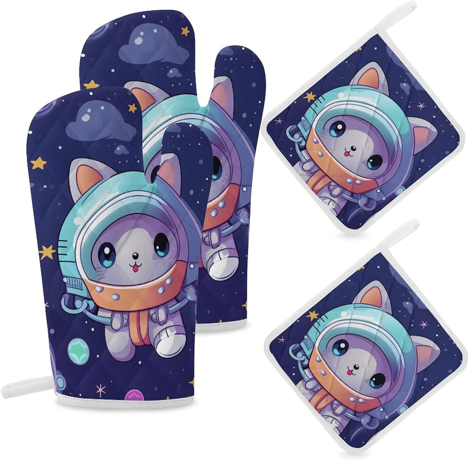 Animal Cat Universe Space Planet 4 Pcs Oven Mitts and Pot Holders Set High Heat Resistant Long Kitchen Oven Glove Potholders