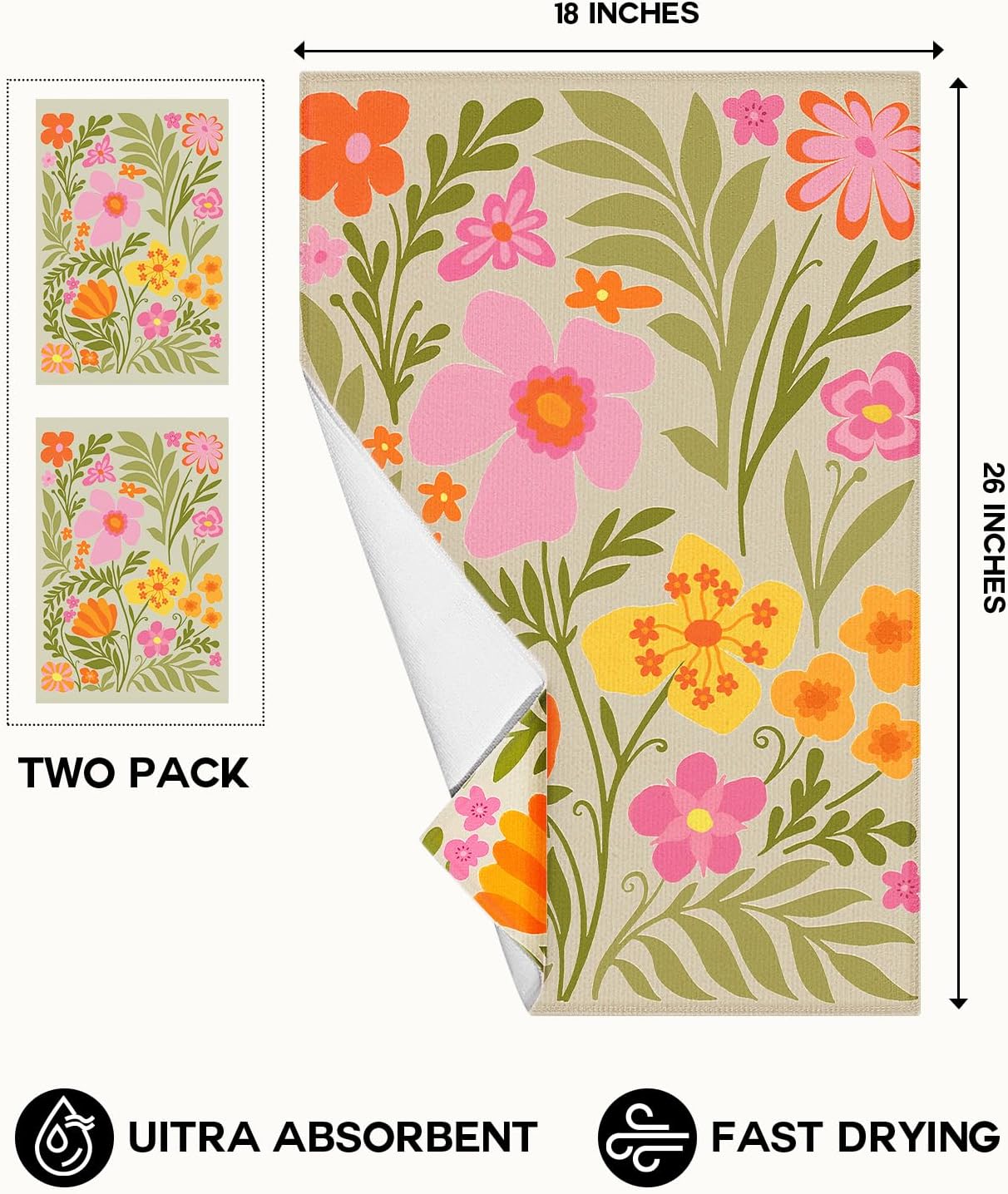 Cute Kitchen Towels Set of 2 - Dish Towels 18 x 26 Inch Microfiber Tea Towel for Home Decorative Flower Plant Spring Soft Reusable & Absorbent Aesthetic Vintage Design - Image 5