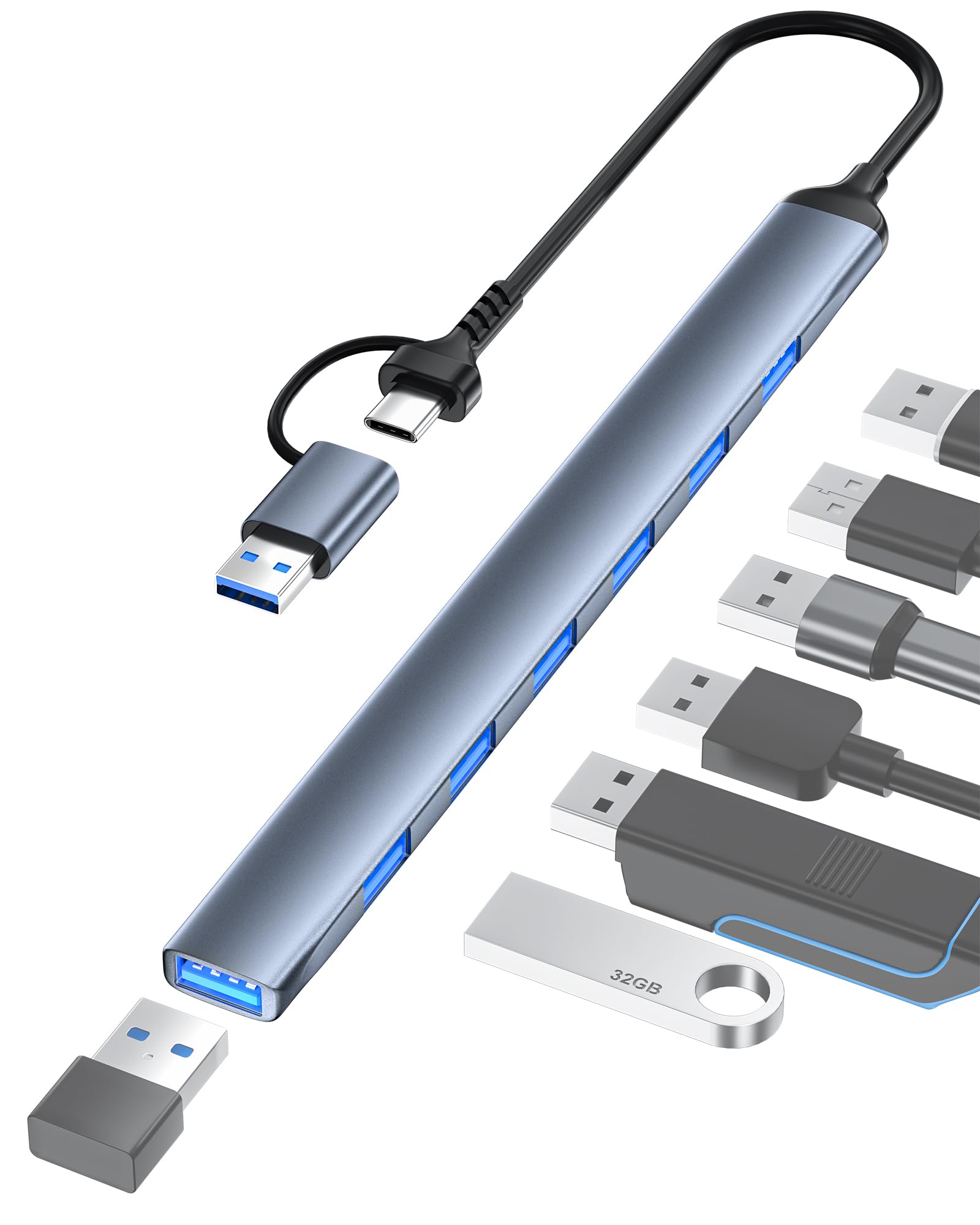 USB-C & USB Splitter Hub Expander - 7-Port Aluminum Adapter for MacBook Pro/Air, iMac, Windows Laptops, iPad, PS5 | Fast Data Transfer | Mac/Windows/Chromebook/Linux Compatible