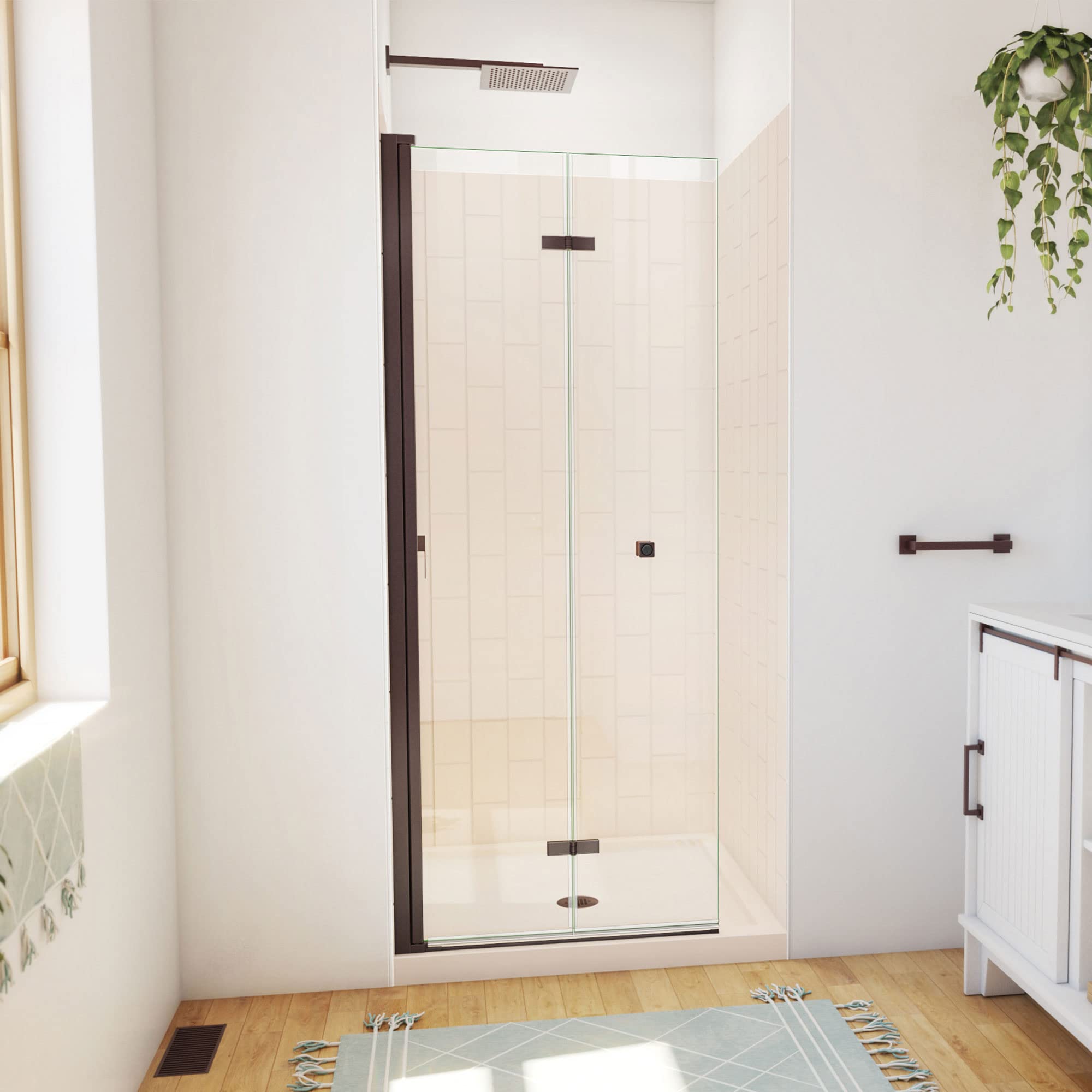 Photo 1 of DreamLine Aqua-Q Fold 32 inch D x 32 inch W x 78 3/4 inch H Frameless Bi-fold Shower Door in Oil Rubbed Bronze, Shower Base, and Wall Kit in Biscuit