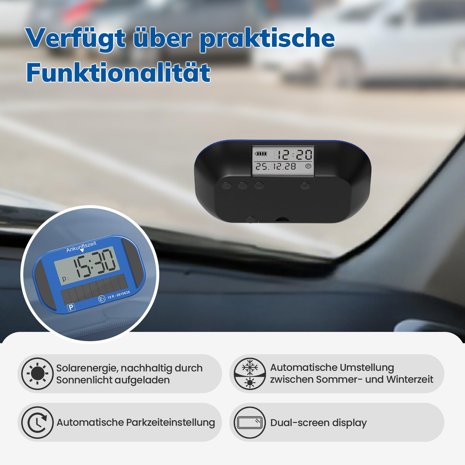 Holiky Solar Elektronische Parkscheibe mit Zulassung vom Kraftfahrt-Bundesamt, elektronische parkscheib mit 2 Displays & vielen Funktionen, Auto Zubehör passend für alle PKW