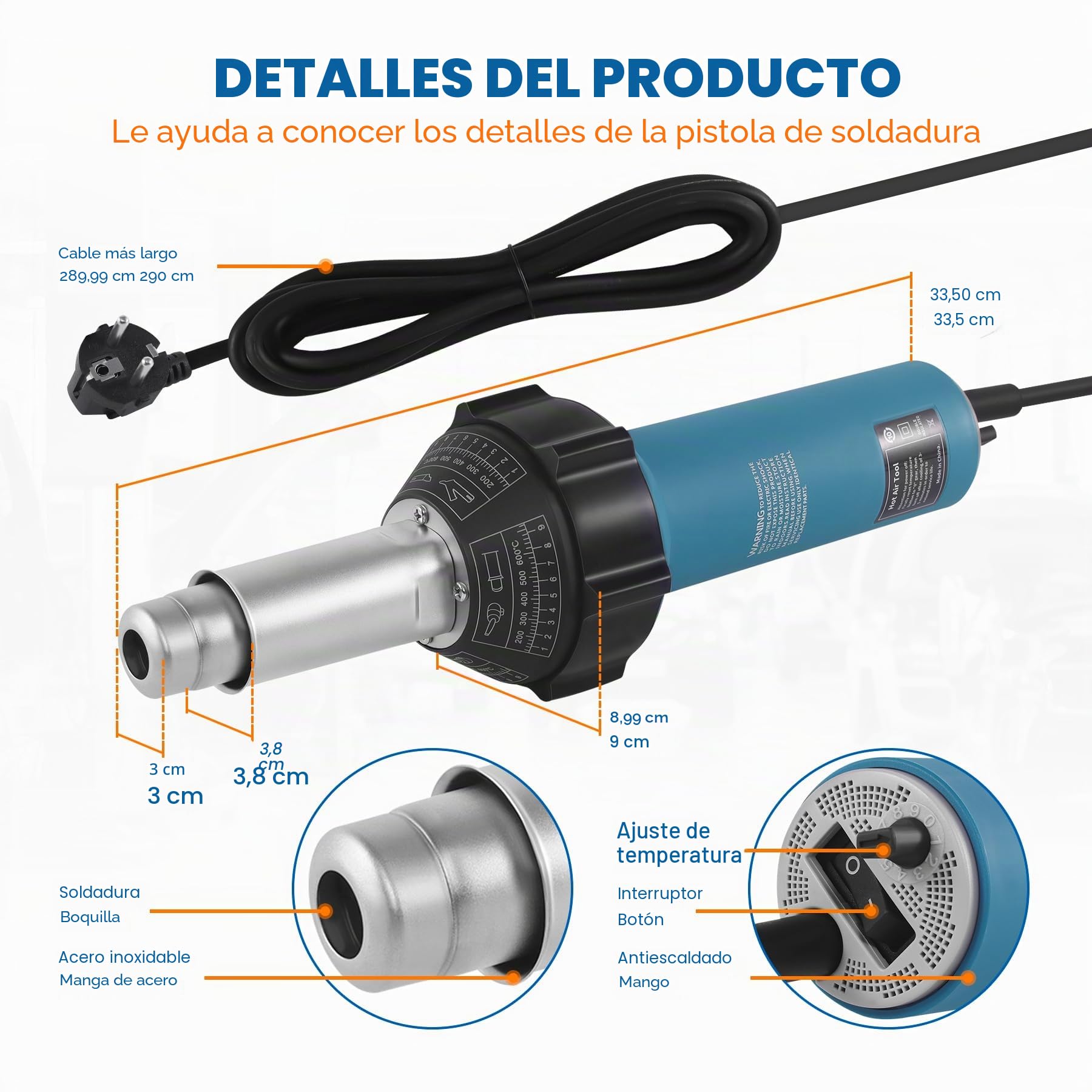 Pistola de soldadura de aire caliente de 1600W 220V, linterna de aire caliente de plástico, pistola de soldadura, soldador de aire caliente con boquillas y varillas de PE/PVC, con maletín