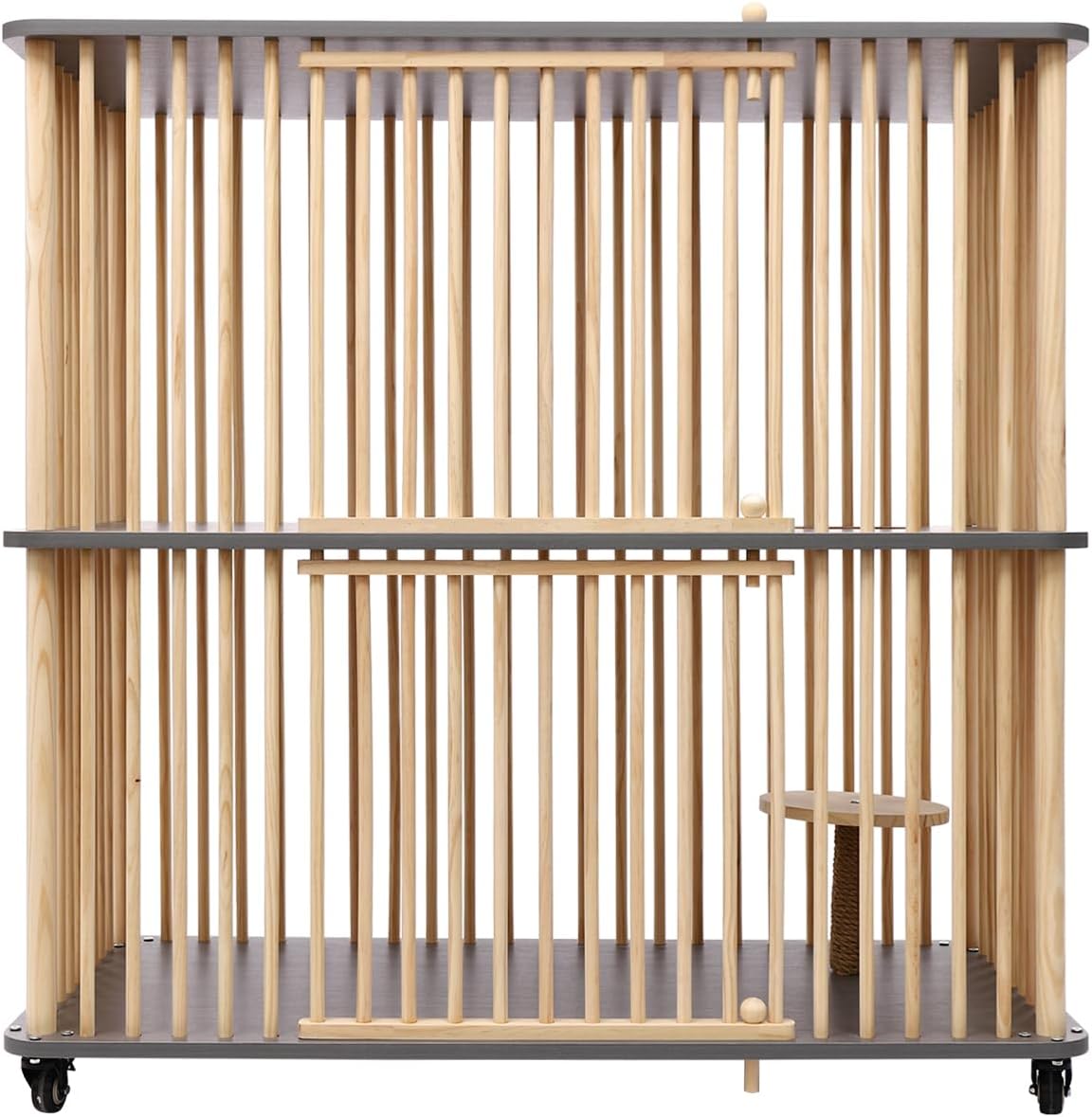 Gdrasuya10 Wooden Cat House with Scratching Post, 2 Tier Cat House Villa for Indoor Cats Large Size Cat Cage Box with Wheels Cat Condos Kitty Cage with Escape Doors