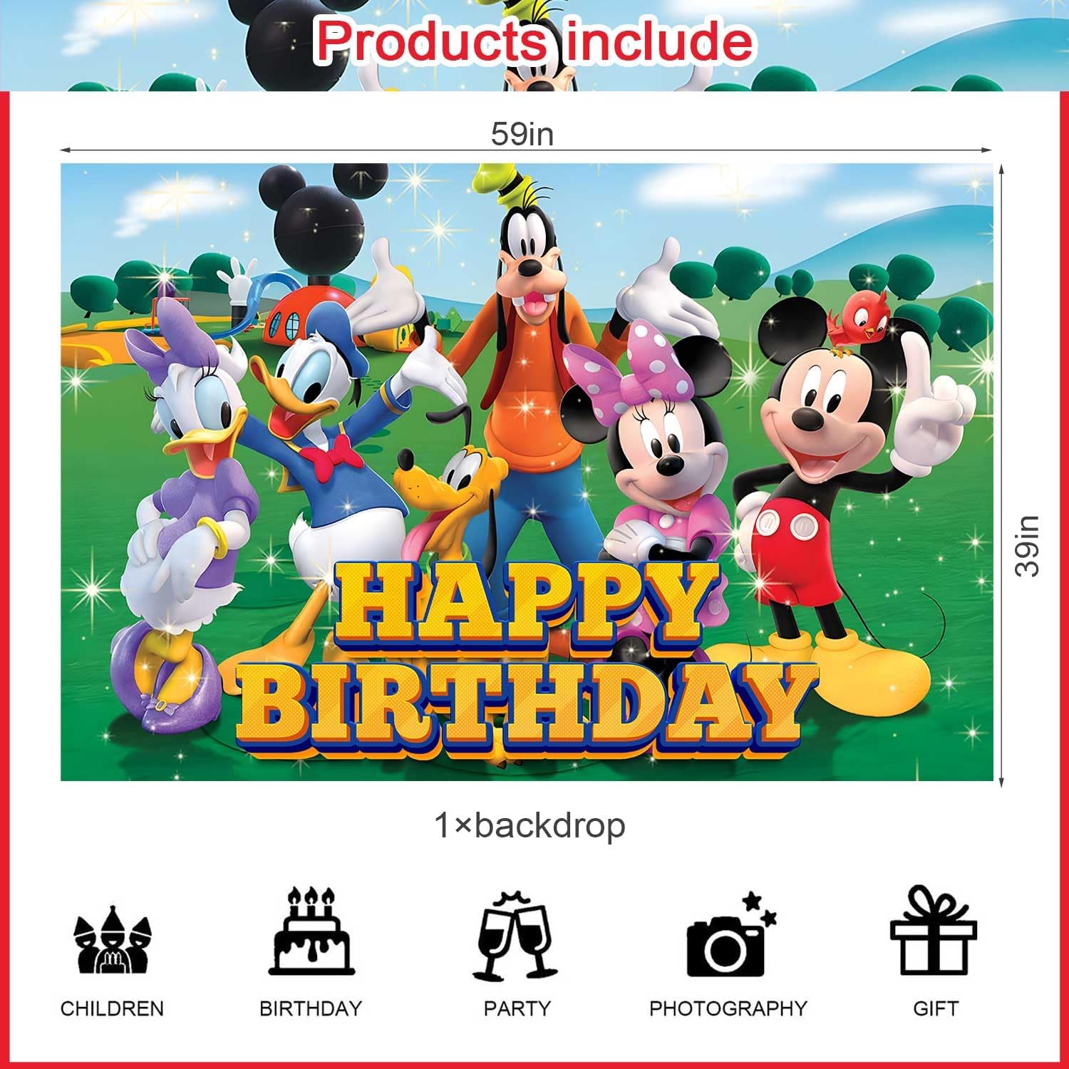 Cartoon Mouse Birthday Party Decorations Banner Backdrop - Cute Mouse Themed Banner Party Supplies for Kids Fans, Happy Birthday Photography Background Wall Decor