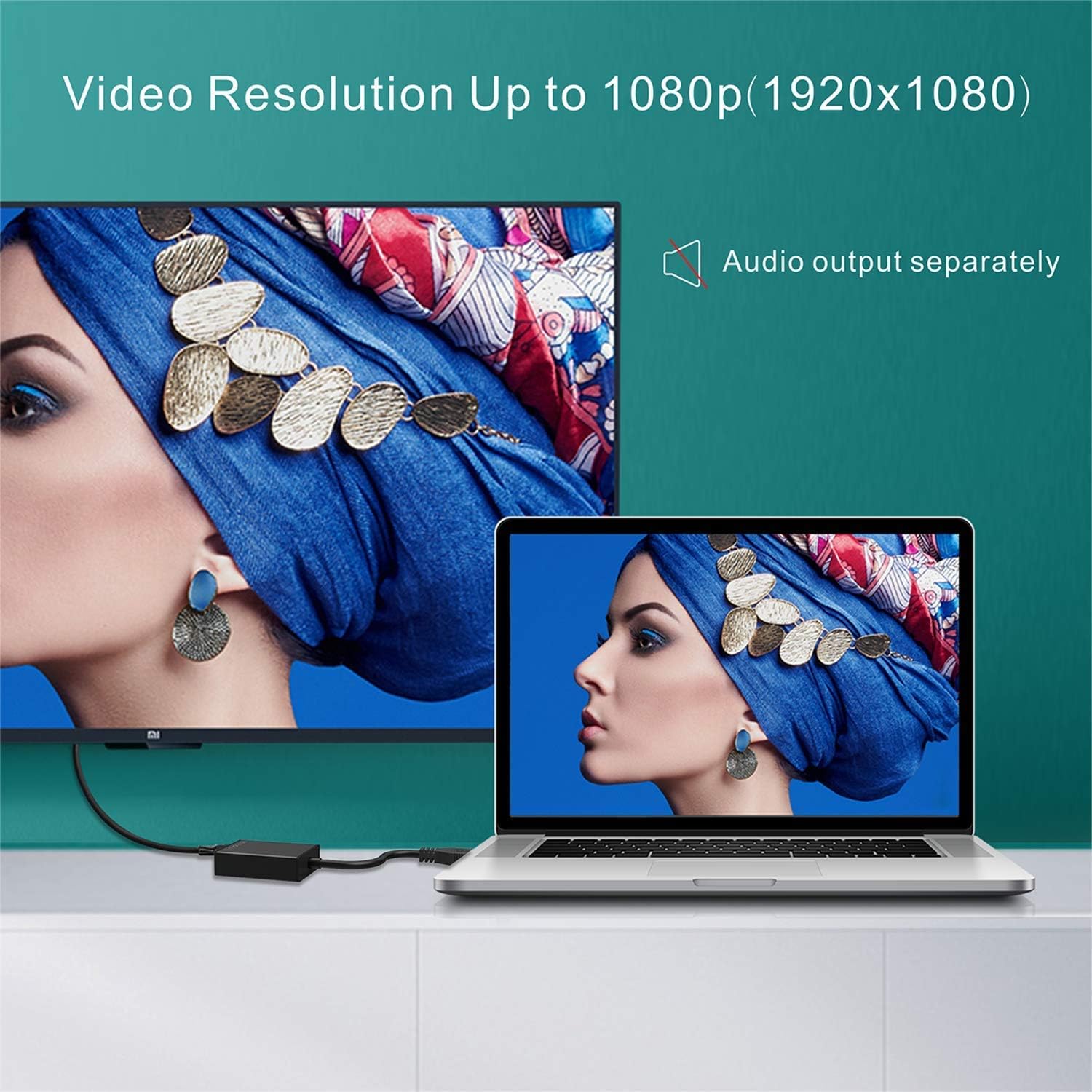 A laptop and an external monitor displaying the same high-definition image, illustrating the adapter's capability for video resolution up to 1080p (1920x1080) and separate audio output.
