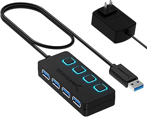 SABRENT Hub USB 3.0 de 4 puertos con interruptores de alimentación individuales iluminados por LED, incluye adaptador de corriente de 5V/2.5A