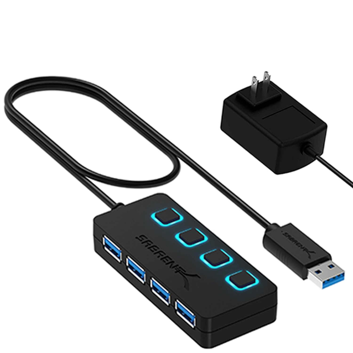 SABRENT 4 Port USB 3 0 Hub with Individual LED Lit Power Switches Includes 5V 2 5A Power